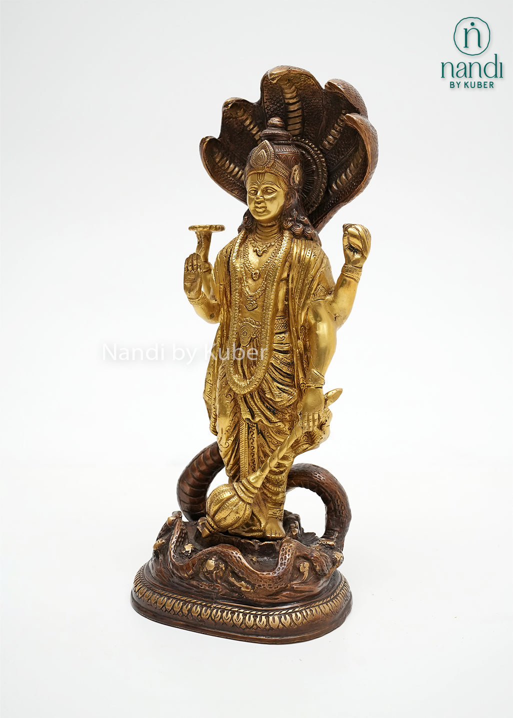 Handcrafted two-tone brass Vishnu idol with Sheshnag canopy, ornate carvings, and antique finish, ideal for pooja rooms, temples, spiritual décor, and traditional Indian home interiors.