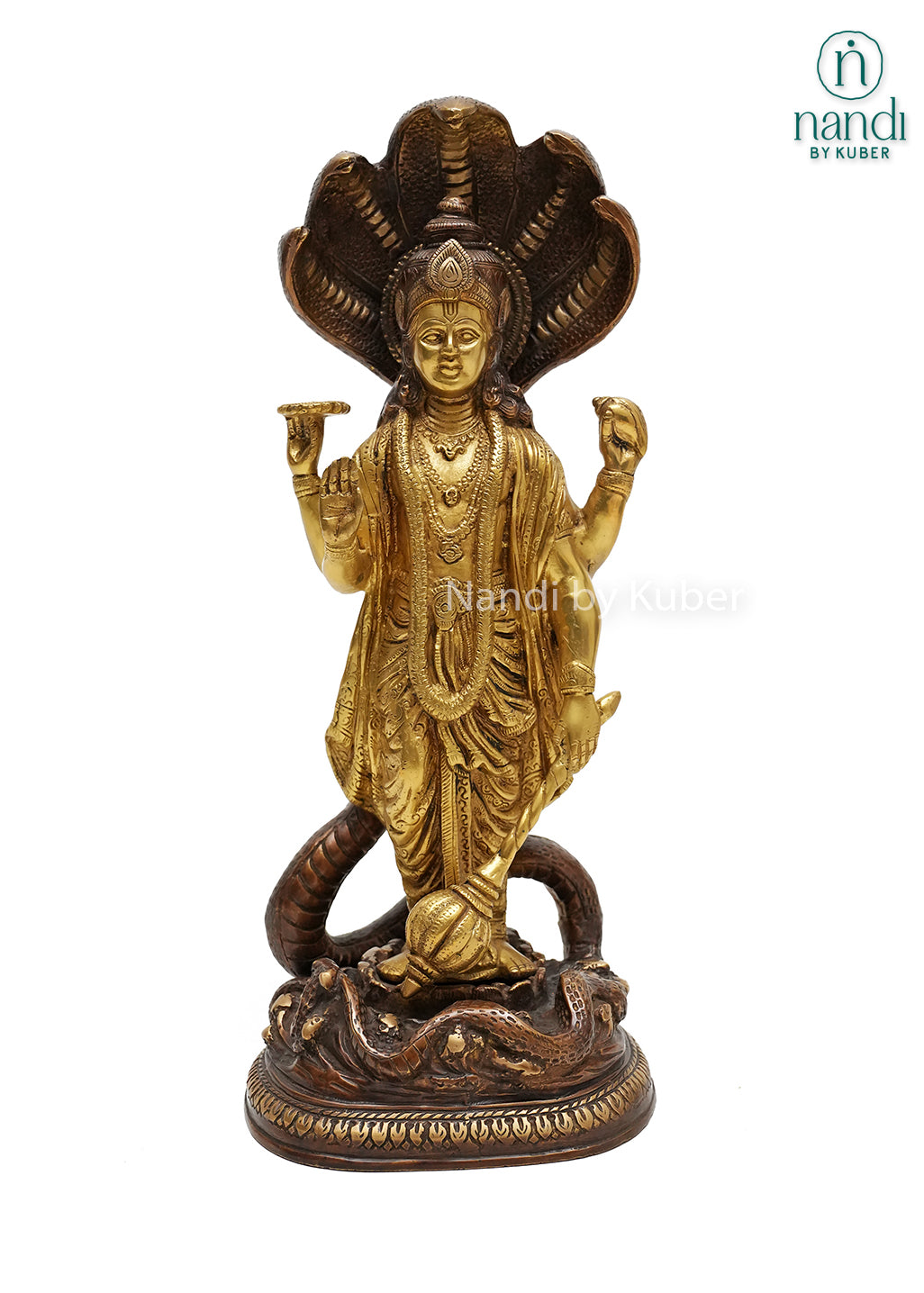 Handcrafted two-tone brass Vishnu idol with Sheshnag canopy, ornate carvings, and antique finish, ideal for pooja rooms, temples, spiritual décor, and traditional Indian home interiors.