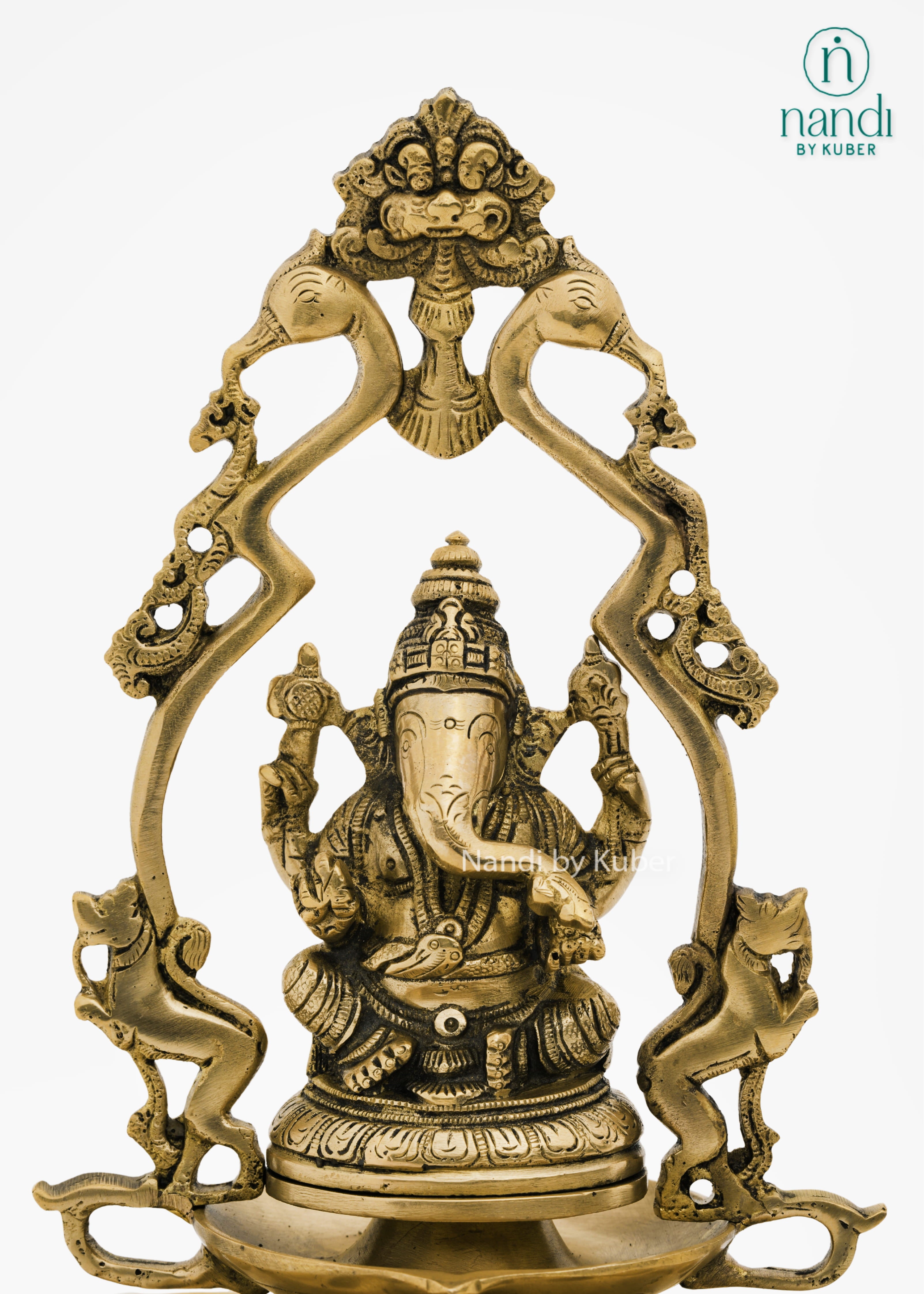 Brass Ganesha diya stand with decorative arch