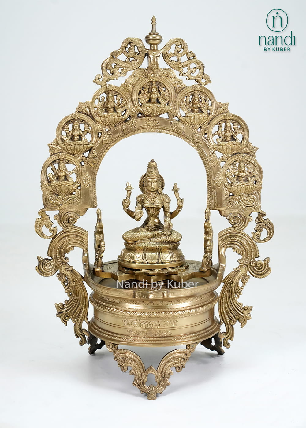 Bronze Ashtalakshmi urli with ornate arch, Lakshmi idol, and temple-style detailing
