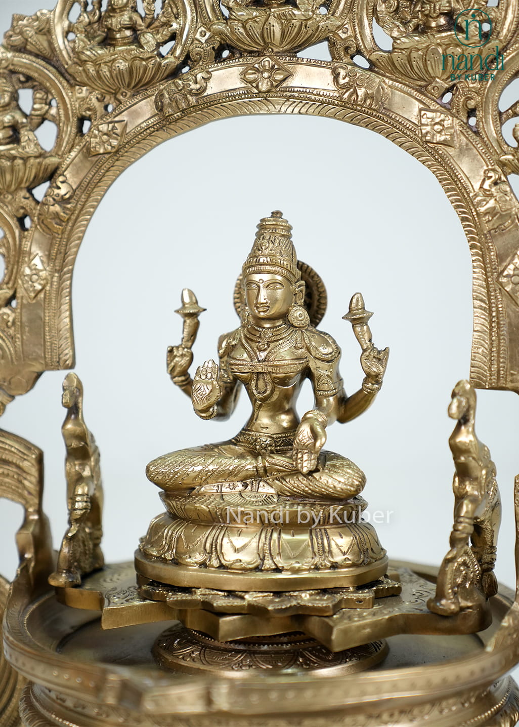 Bronze Ashtalakshmi urli with ornate arch, Lakshmi idol, and temple-style detailing