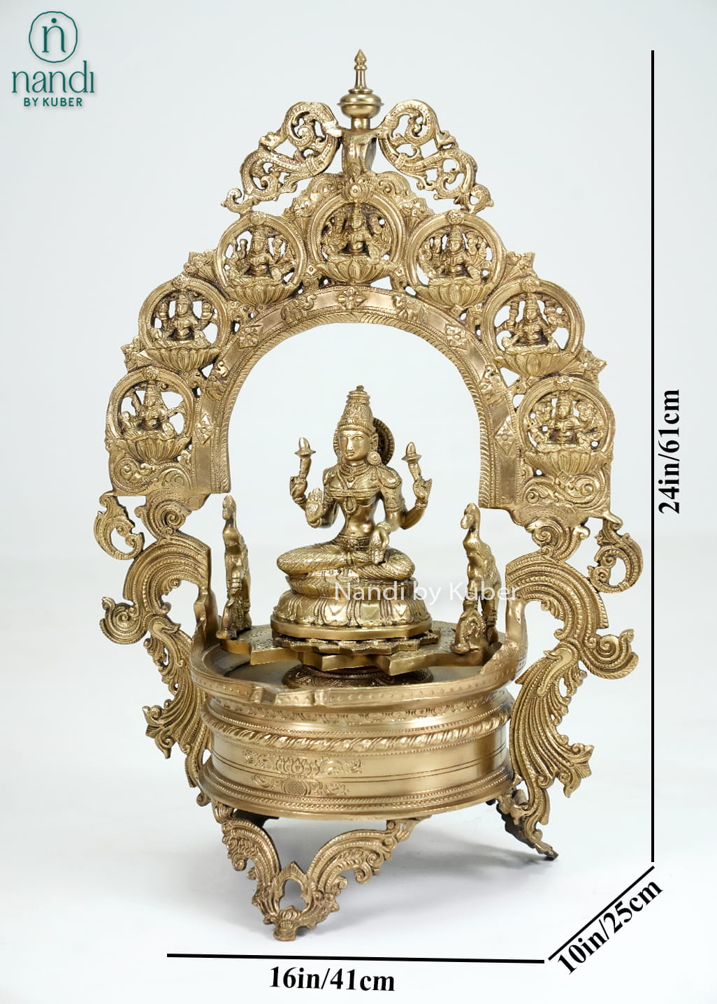 Bronze Ashtalakshmi urli with ornate arch, Lakshmi idol, and temple-style detailing