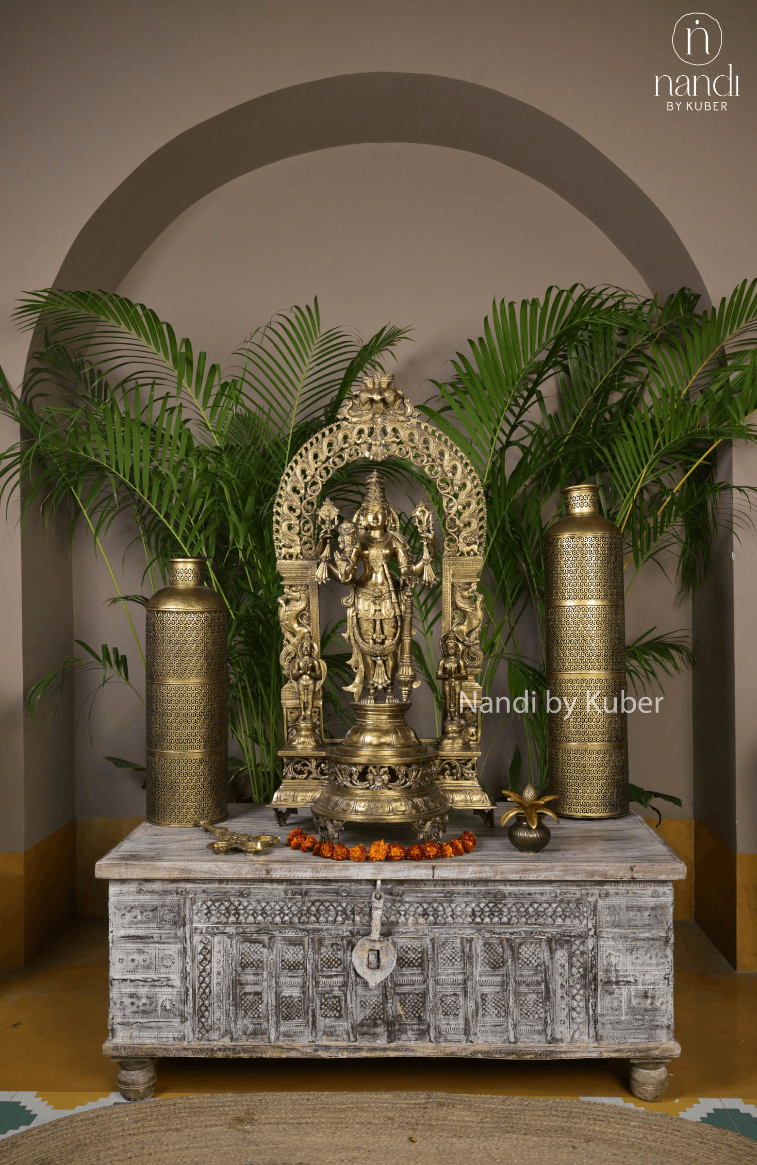 Intricately crafted bronze Lord Vishnu statue beneath an ornate arch, symbolizing divine protection, harmony, and timeless spiritual elegance.