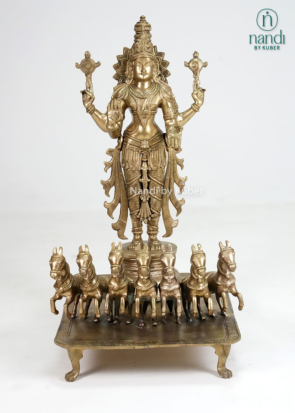 Bronze Surya statue with seven-horse chariot and traditional ornate detailing