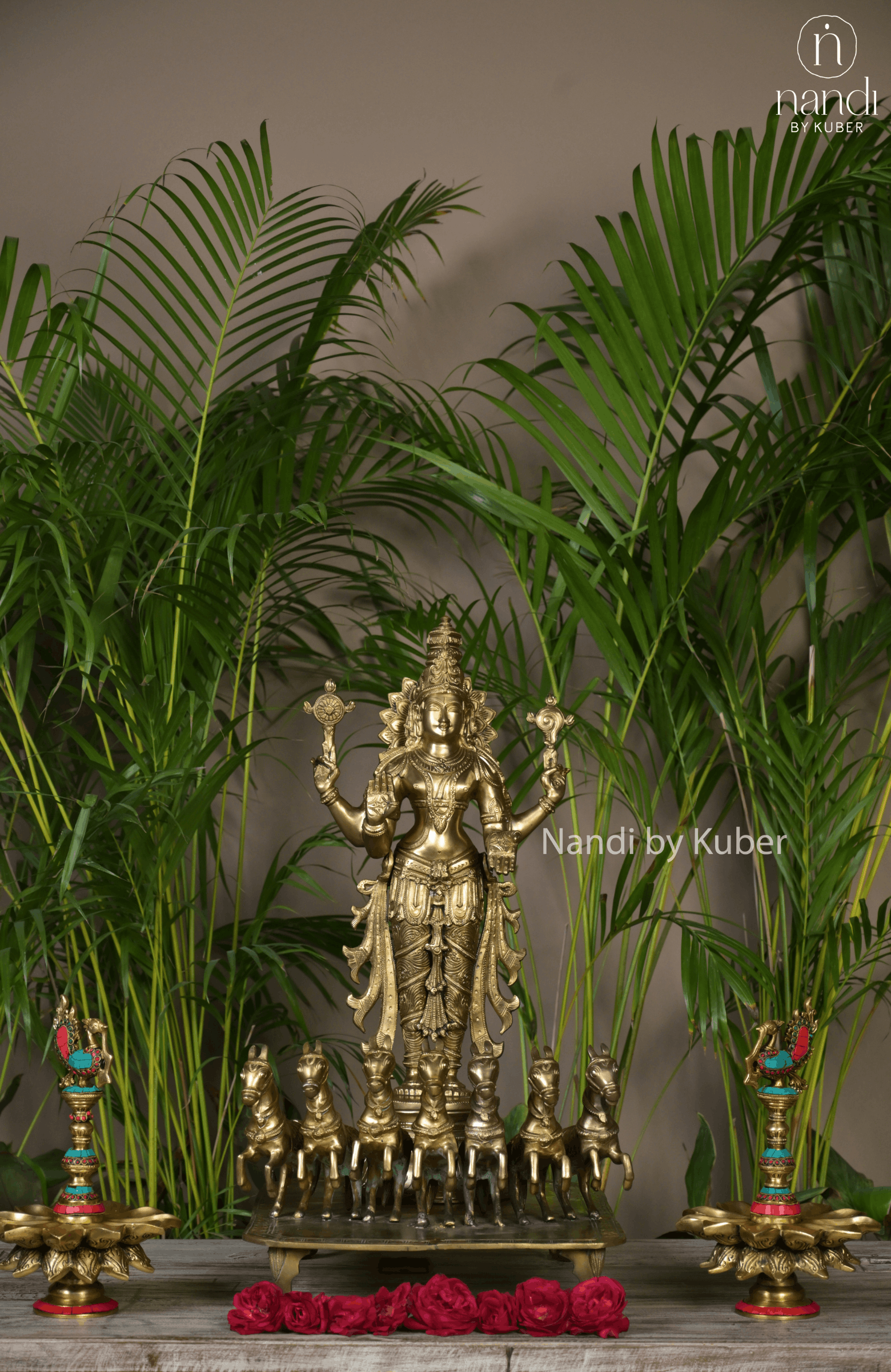 Bronze Surya statue with seven-horse chariot and traditional ornate detailing