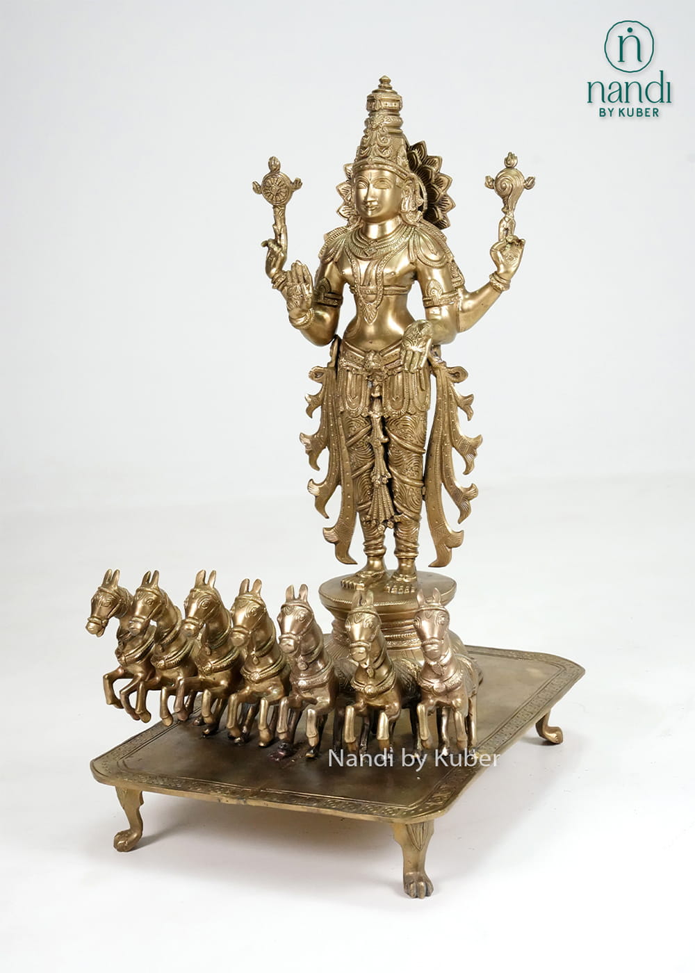 Bronze Surya statue with seven-horse chariot and traditional ornate detailing