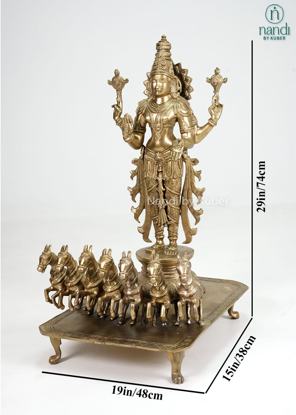 Bronze Surya statue with seven-horse chariot and traditional ornate detailing