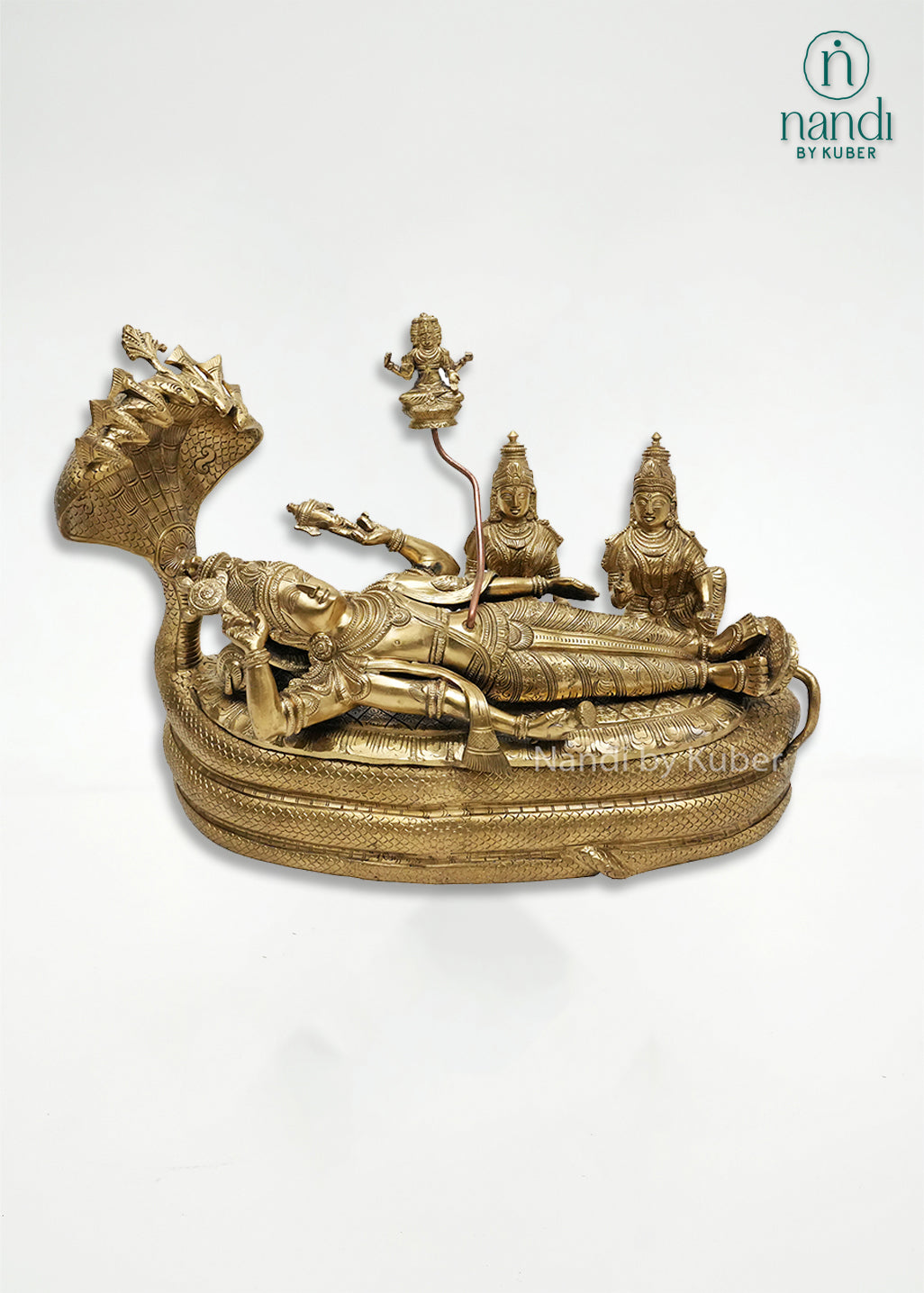 Handcrafted bronze Anantha Shayana Vishnu sculpture depicting Lord Vishnu reclining on Sheshnag with ornate carvings and sacred symbolism, ideal for temple décor, pooja spaces, and spiritual home interiors.