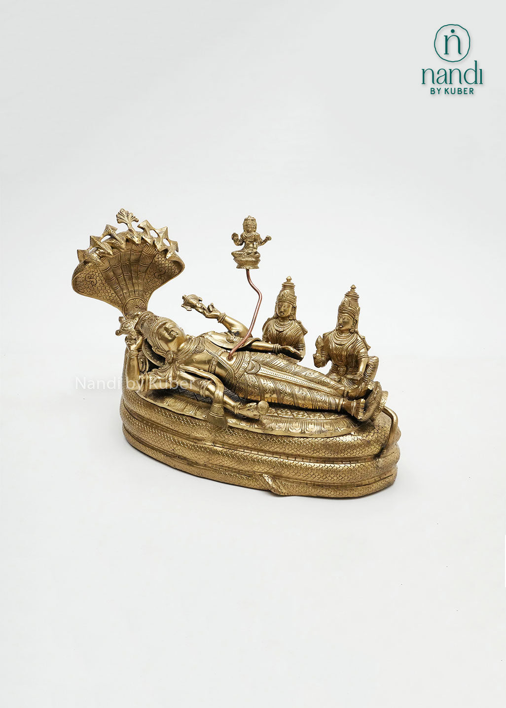 Handcrafted bronze Anantha Shayana Vishnu sculpture depicting Lord Vishnu reclining on Sheshnag with ornate carvings and sacred symbolism, ideal for temple décor, pooja spaces, and spiritual home interiors.