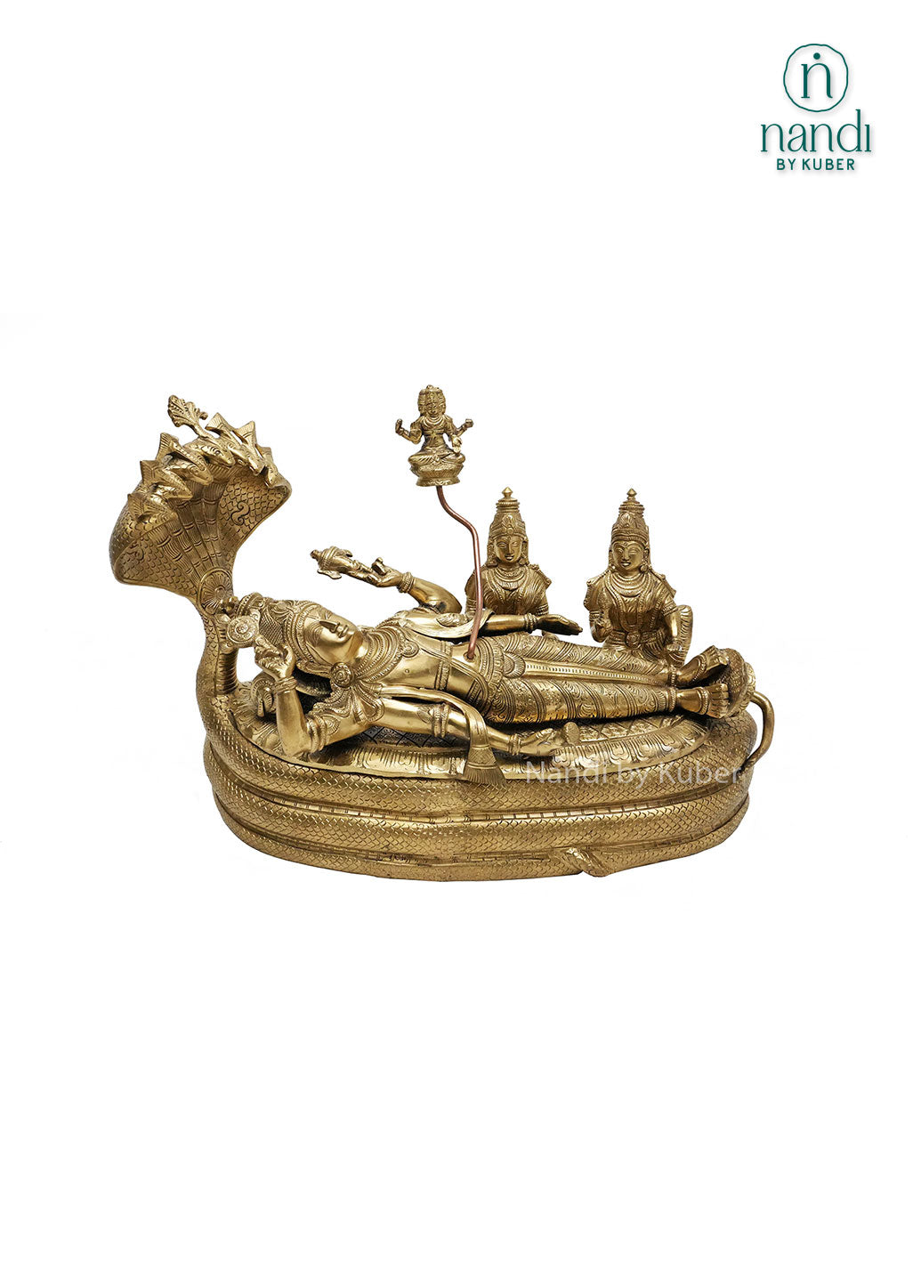 Handcrafted bronze Anantha Shayana Vishnu sculpture depicting Lord Vishnu reclining on Sheshnag with ornate carvings and sacred symbolism, ideal for temple décor, pooja spaces, and spiritual home interiors.