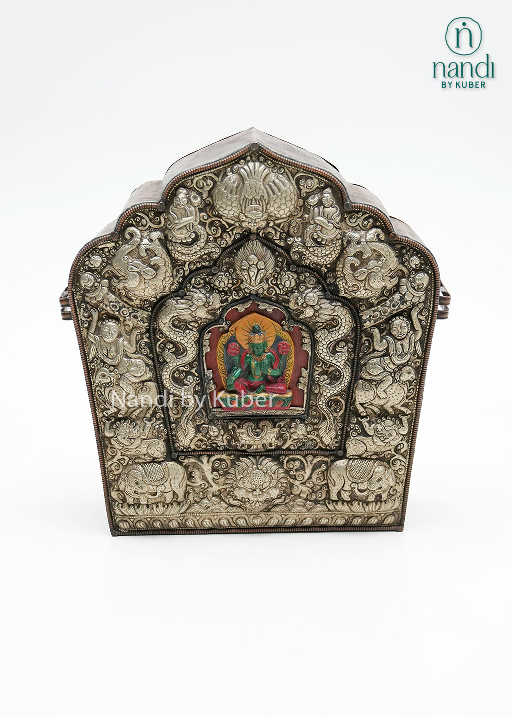 Decorative copper storage box with detailed traditional carvings, Buddha artwork accent, and antique finish, ideal for spiritual décor, collectible displays, and heritage-inspired interiors.