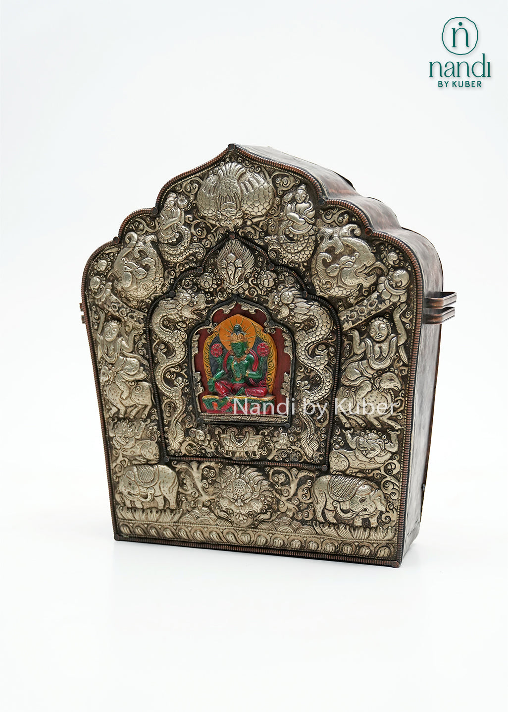 Decorative copper storage box with detailed traditional carvings, Buddha artwork accent, and antique finish, ideal for spiritual décor, collectible displays, and heritage-inspired interiors.