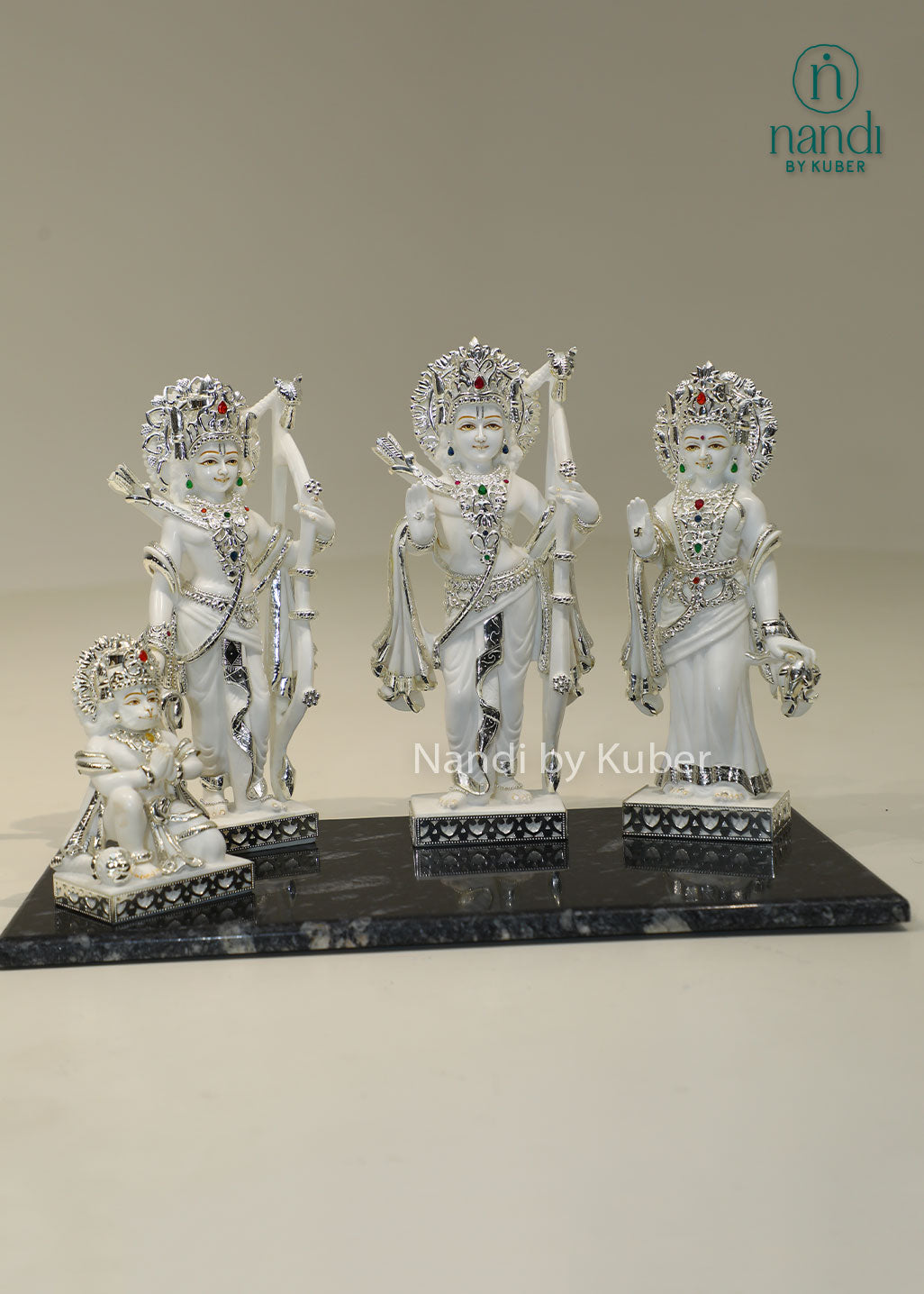 Marble Ram Darbar idol set with Lord Rama, Sita, Lakshmana and Hanuman, silver embellished Hindu deity statues for home temple, pooja room décor, Vastu, spiritual worship, festive gifting, and divine blessings.