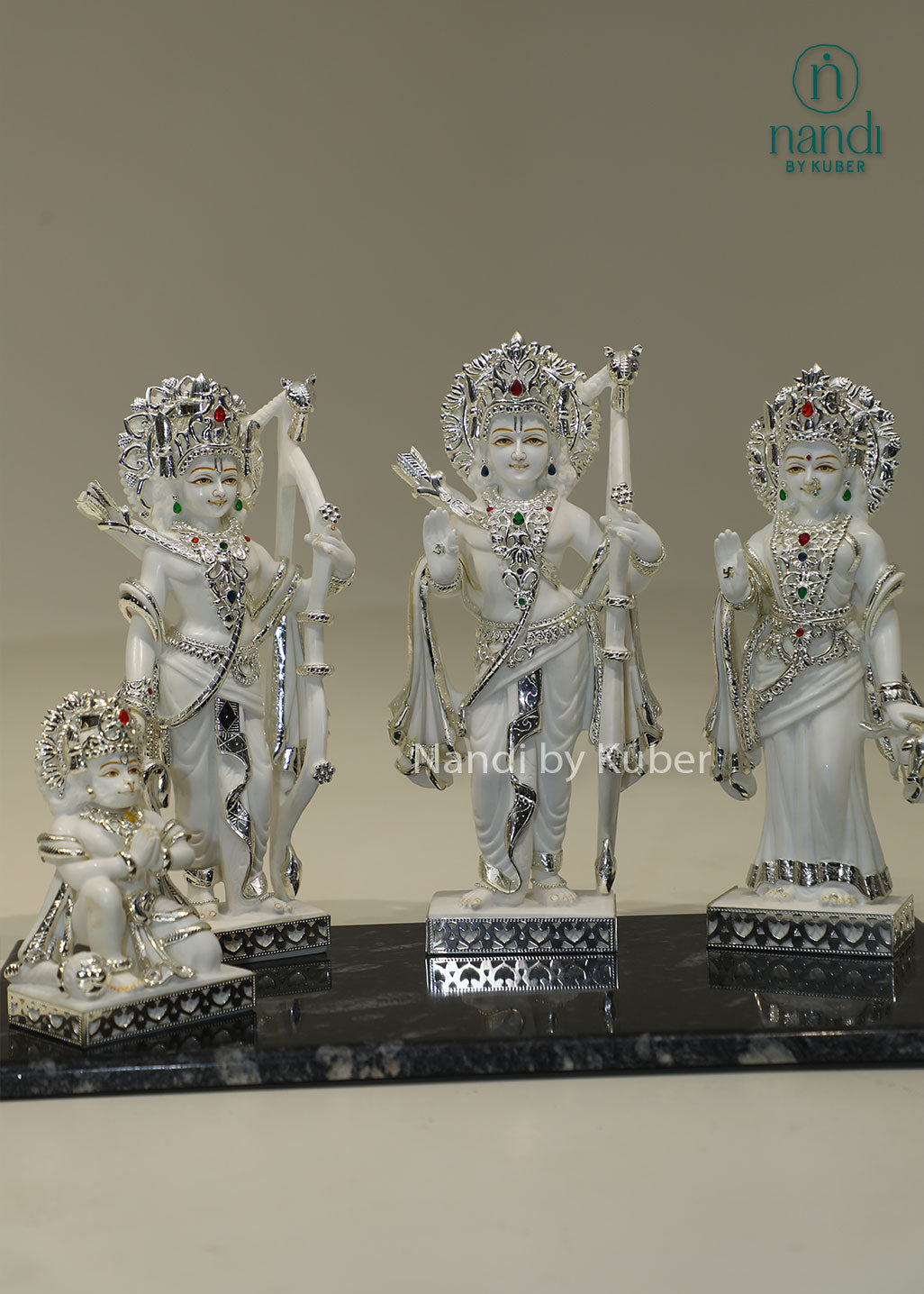 Marble Ram Darbar idol set with Lord Rama, Sita, Lakshmana and Hanuman, silver embellished Hindu deity statues for home temple, pooja room décor, Vastu, spiritual worship, festive gifting, and divine blessings.