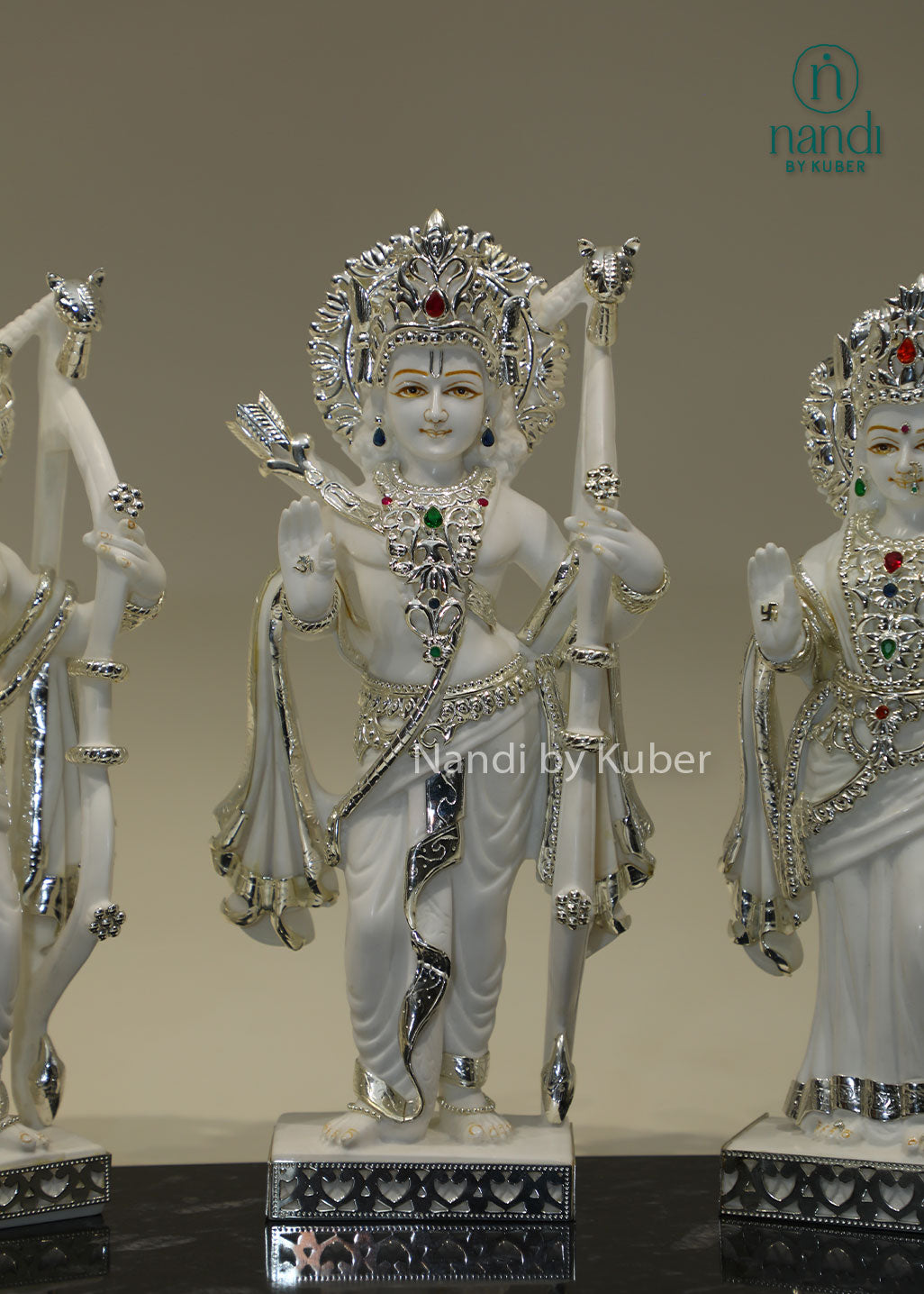 Marble Ram Darbar idol set with Lord Rama, Sita, Lakshmana and Hanuman, silver embellished Hindu deity statues for home temple, pooja room décor, Vastu, spiritual worship, festive gifting, and divine blessings.