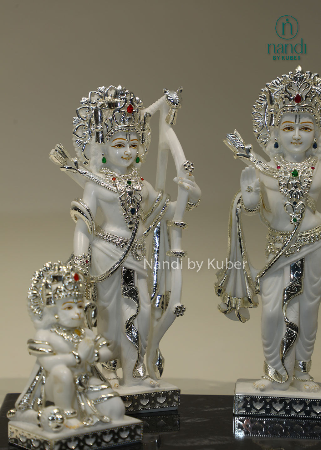 Marble Ram Darbar idol set with Lord Rama, Sita, Lakshmana and Hanuman, silver embellished Hindu deity statues for home temple, pooja room décor, Vastu, spiritual worship, festive gifting, and divine blessings.