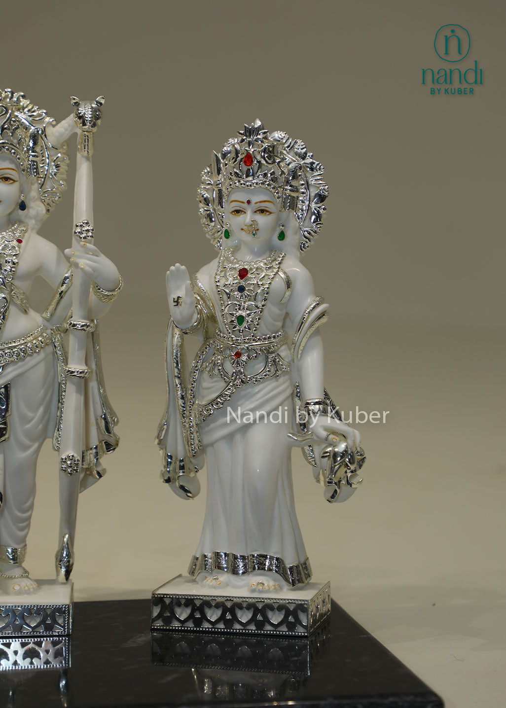 Marble Ram Darbar idol set with Lord Rama, Sita, Lakshmana and Hanuman, silver embellished Hindu deity statues for home temple, pooja room décor, Vastu, spiritual worship, festive gifting, and divine blessings.
