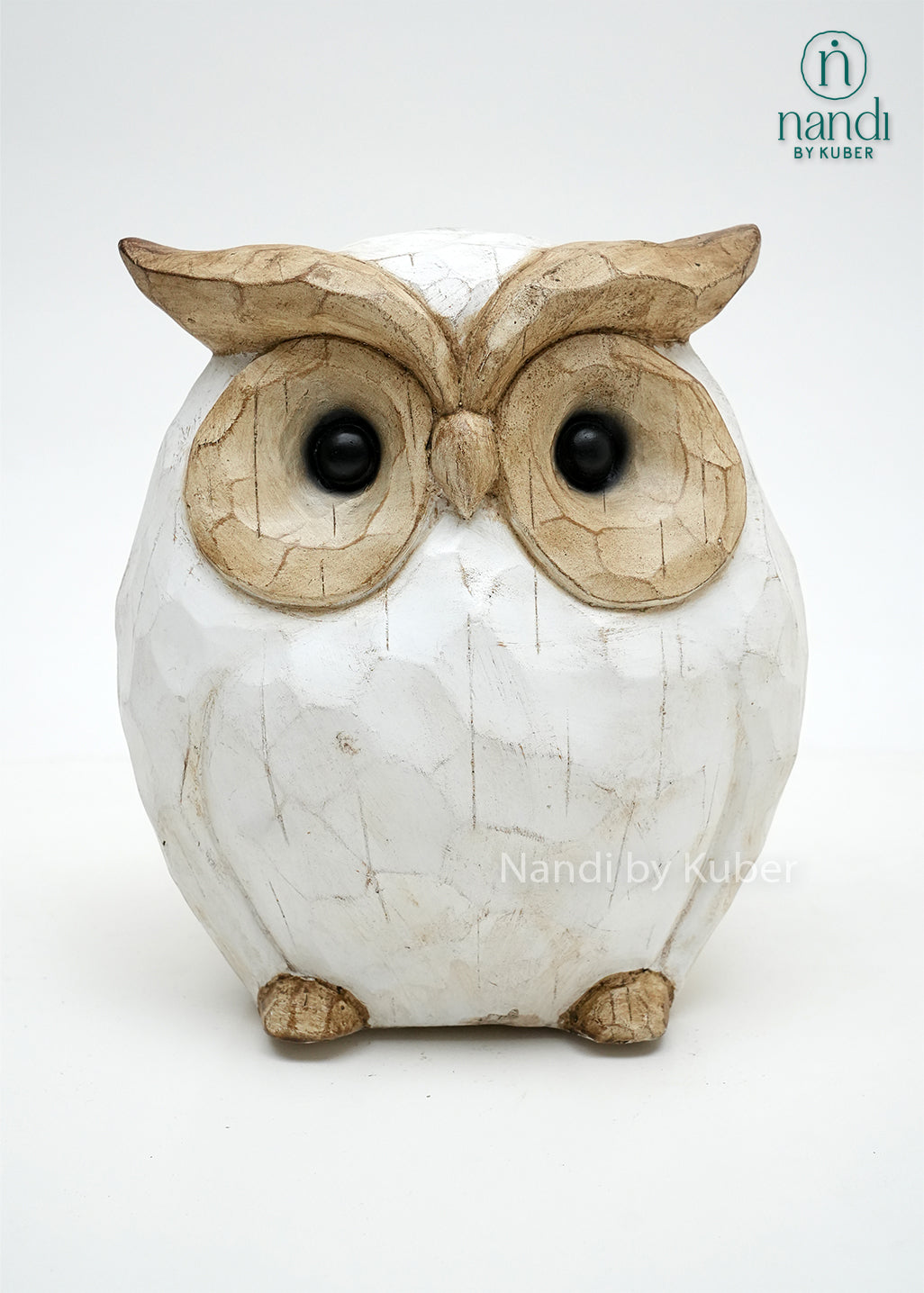Decorative owl figurine with a white and natural wood finish, symbolizing wisdom, intuition, and timeless decorative appeal.