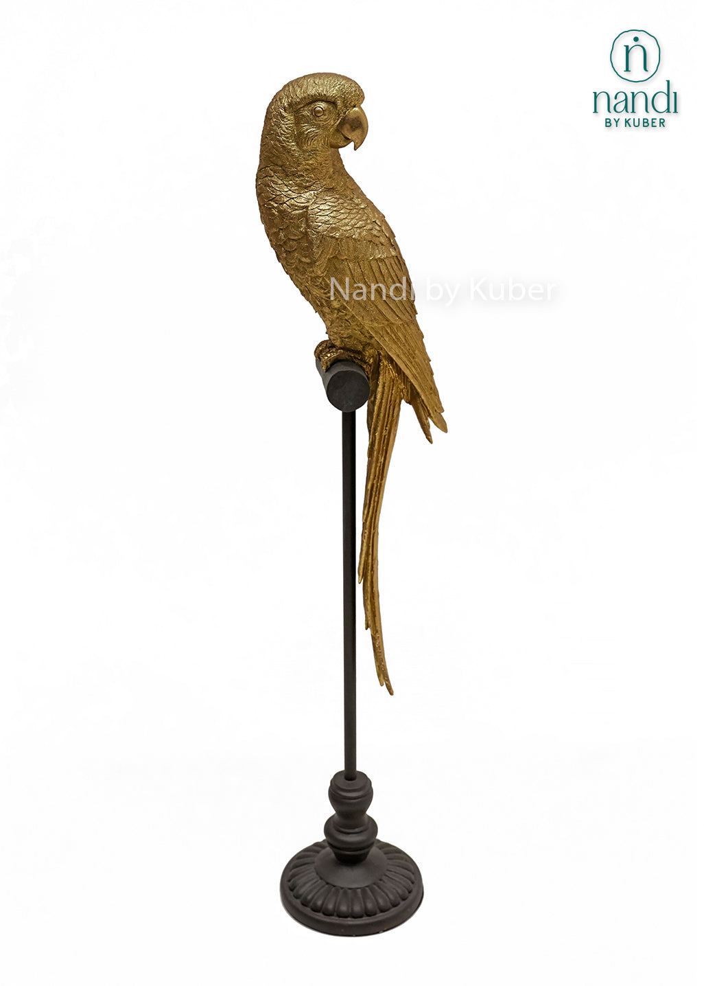 Decorative parrot figurine on a stand with detailed craftsmanship and an antique gold finish, bringing elegance and vibrant charm to any space.