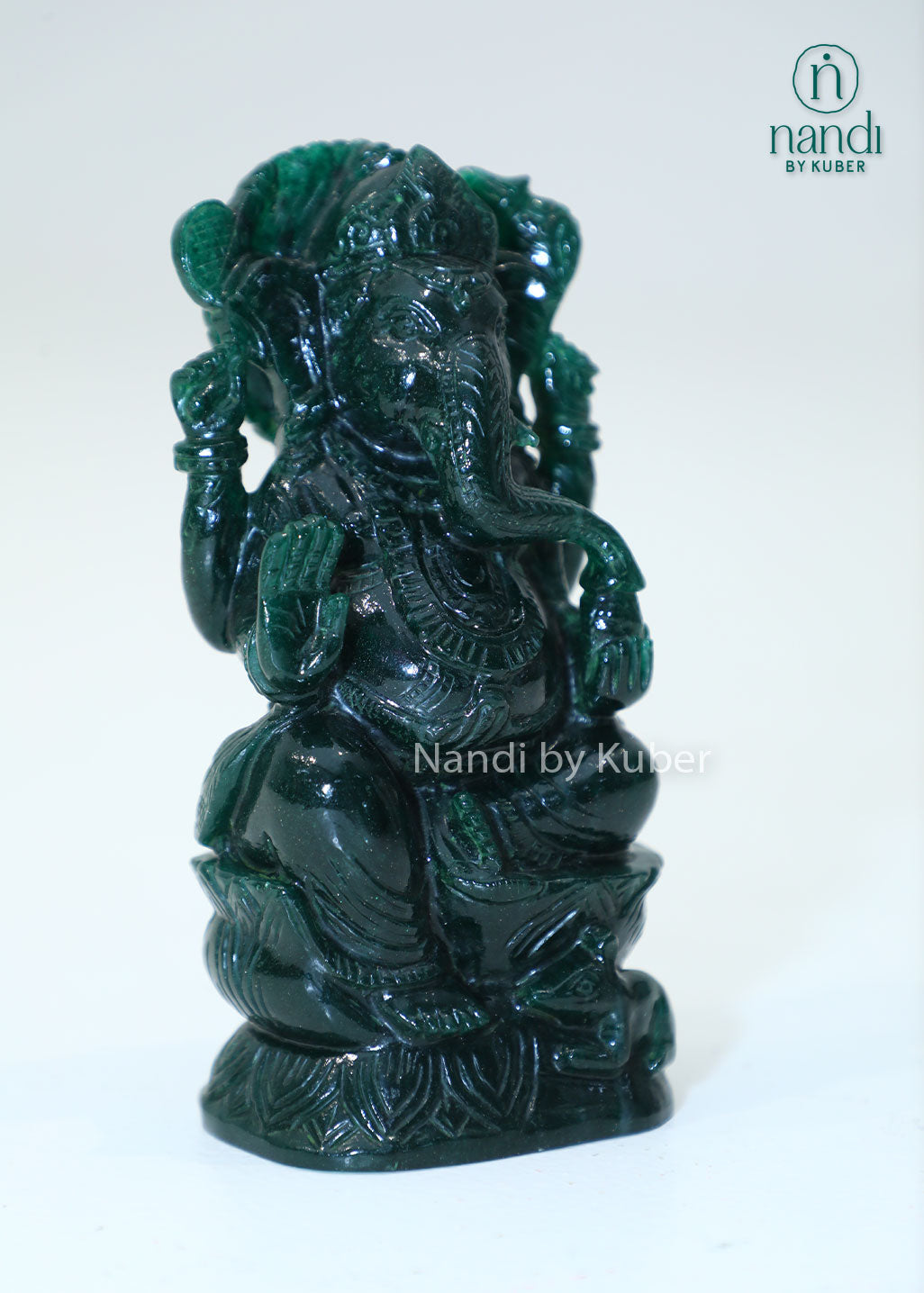 Green jade stone Ganesha statue, natural gemstone Lord Ganesh idol for Vastu, wealth, success, spiritual décor, meditation space, home temple, office desk decoration, and auspicious gifting.