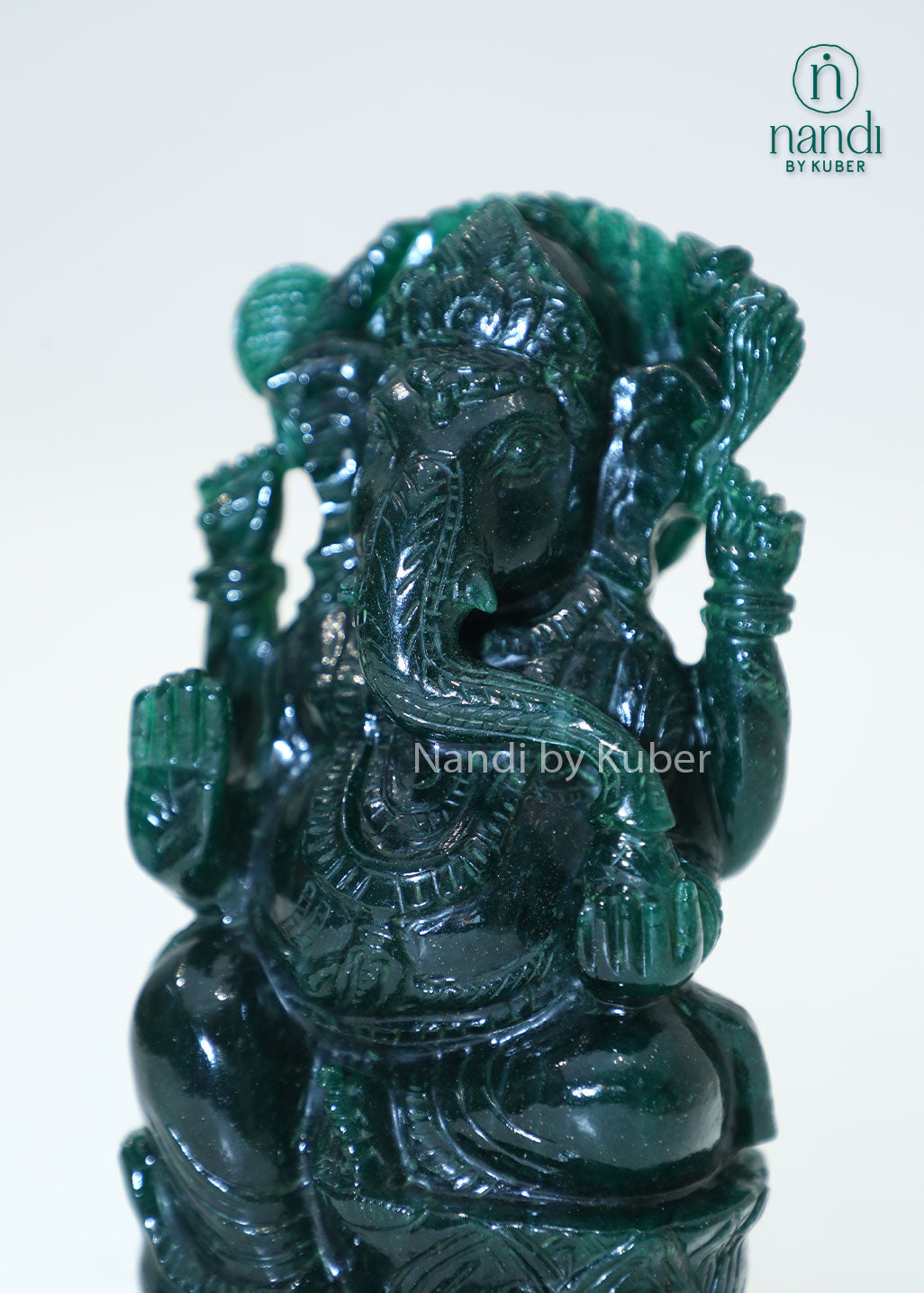 Green jade stone Ganesha statue, natural gemstone Lord Ganesh idol for Vastu, wealth, success, spiritual décor, meditation space, home temple, office desk decoration, and auspicious gifting.