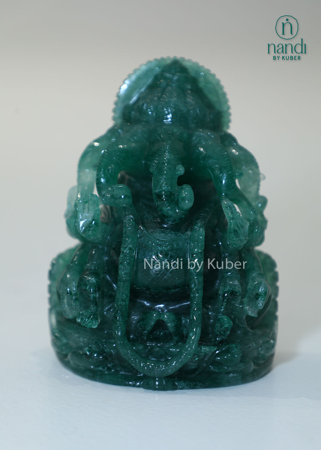 Green quartz Panchmukhi Ganesha idol, natural gemstone Lord Ganesha statue for Vastu, meditation, spiritual décor, prosperity, positive energy, home temple, office desk, and gifting.
