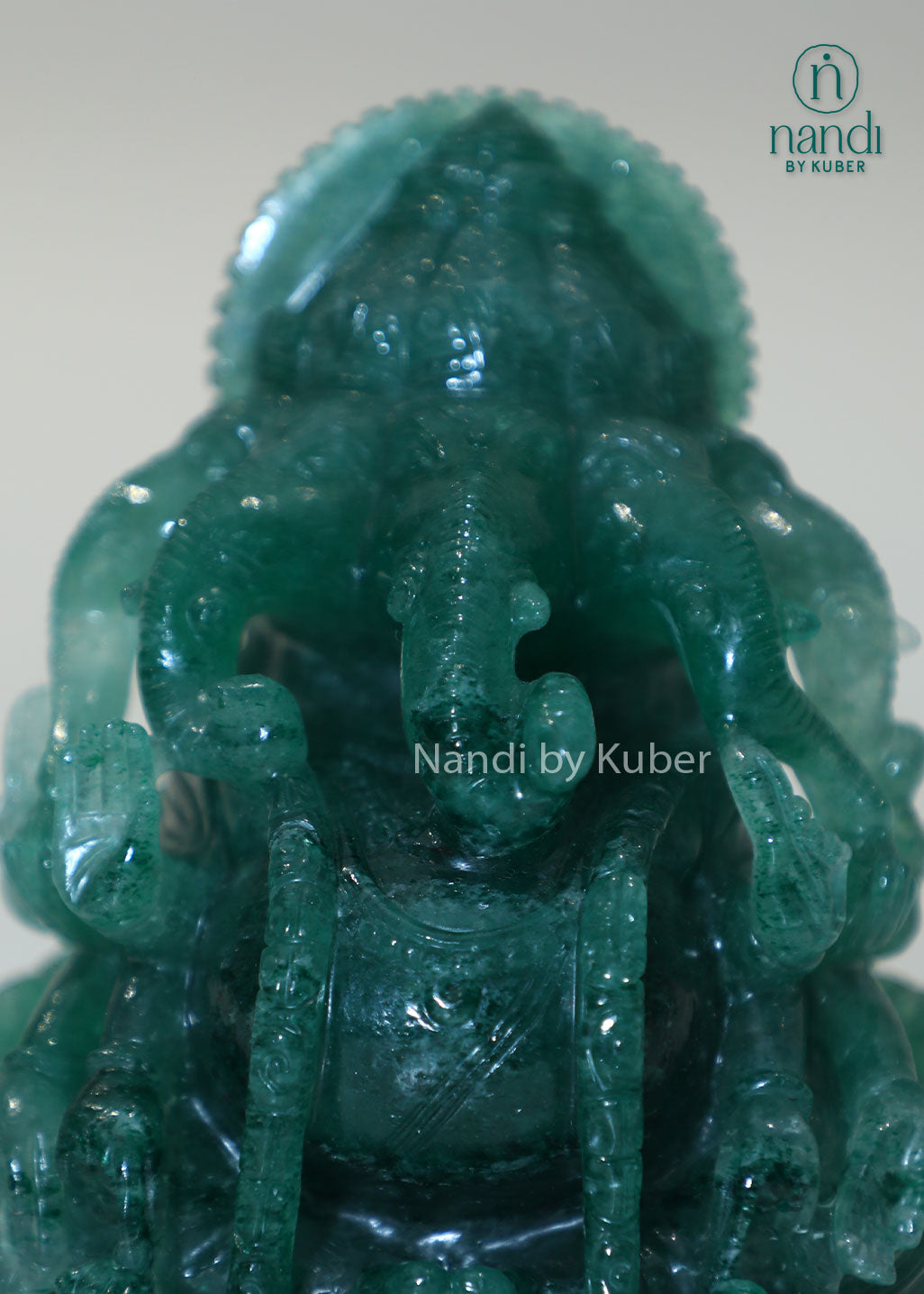 Green quartz Panchmukhi Ganesha idol, natural gemstone Lord Ganesha statue for Vastu, meditation, spiritual décor, prosperity, positive energy, home temple, office desk, and gifting.