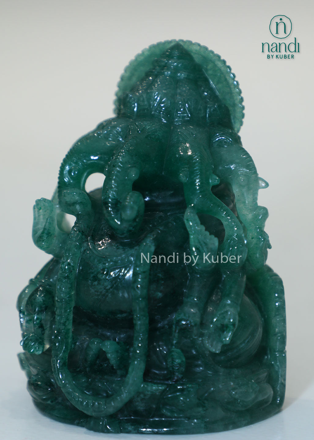 Green quartz Panchmukhi Ganesha idol, natural gemstone Lord Ganesha statue for Vastu, meditation, spiritual décor, prosperity, positive energy, home temple, office desk, and gifting.