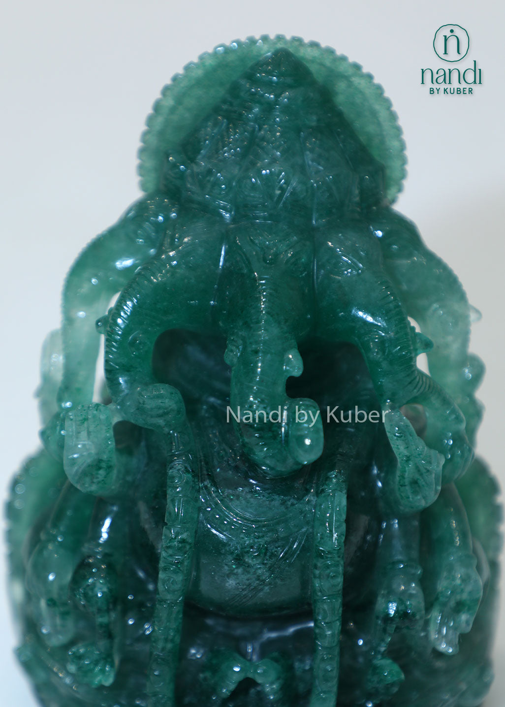 Green quartz Panchmukhi Ganesha idol, natural gemstone Lord Ganesha statue for Vastu, meditation, spiritual décor, prosperity, positive energy, home temple, office desk, and gifting.