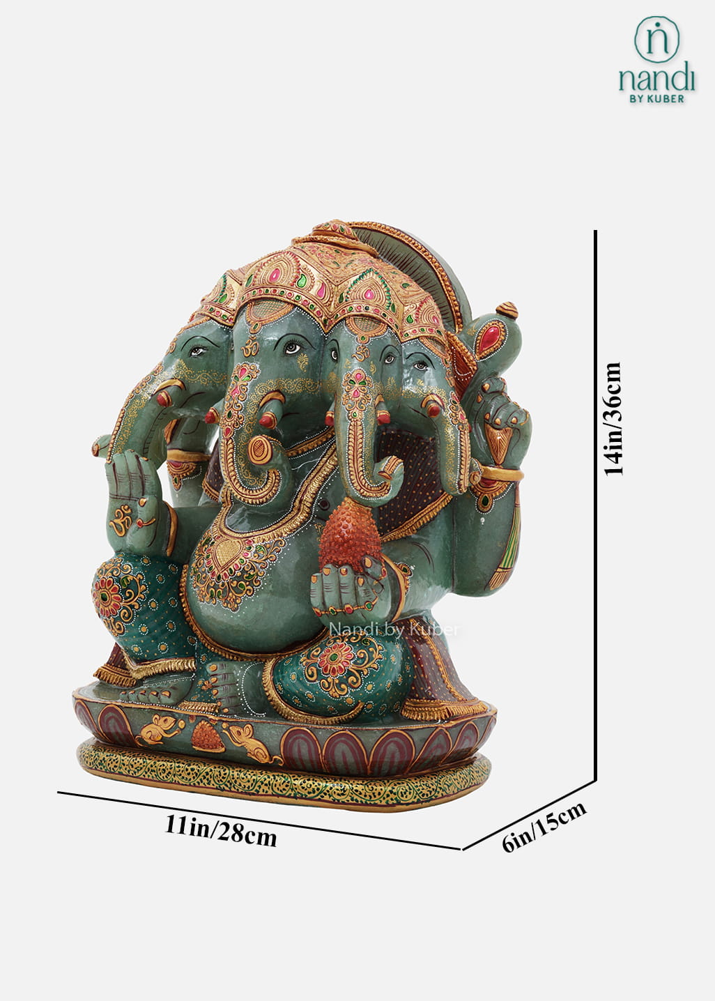 Jade stone five-face Ganesha idol with intricate hand-painted detailing and ornate crown