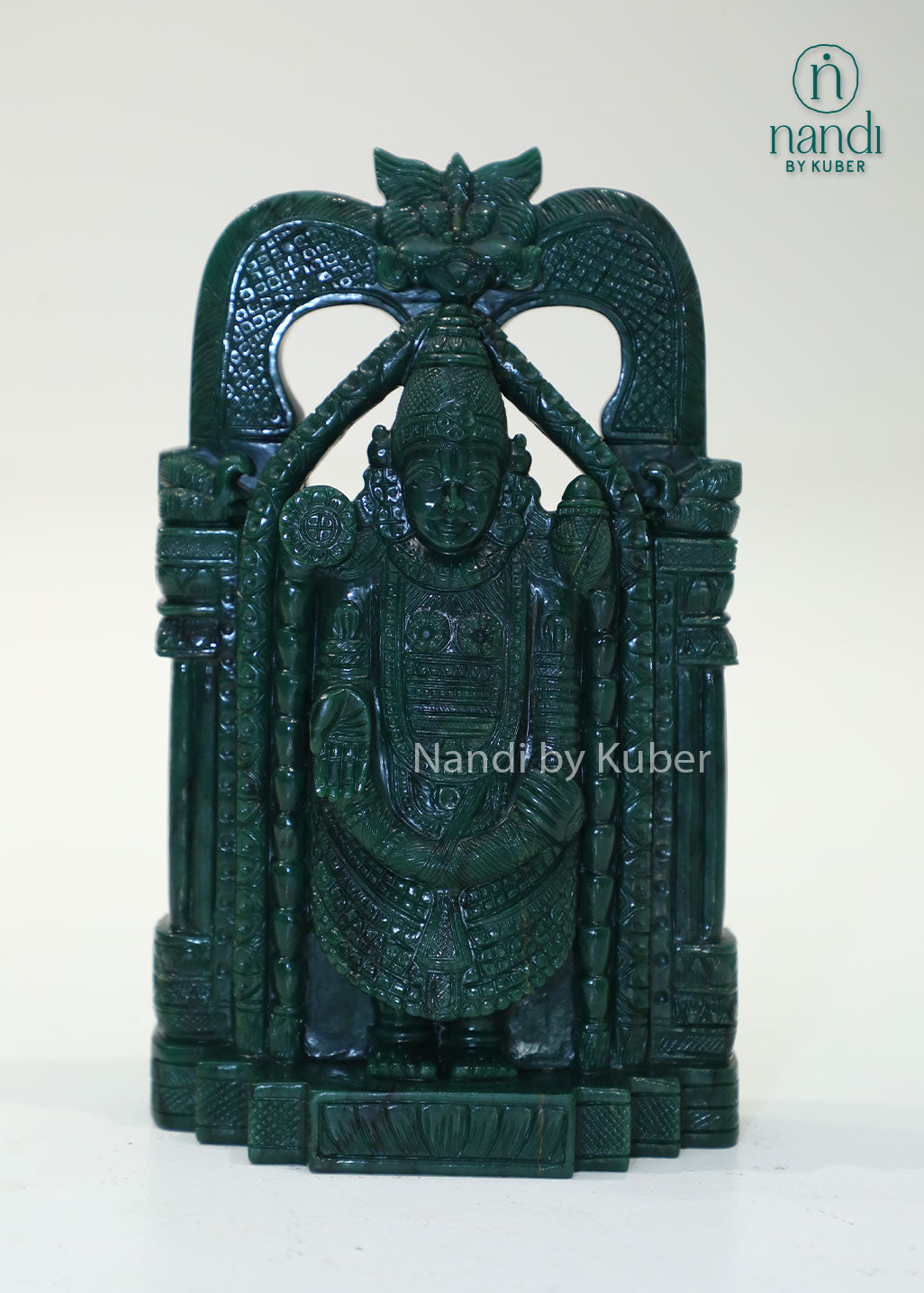 Green jade stone Balaji statue, natural gemstone Lord Venkateswara idol for home temple, Vastu décor, spiritual worship, prosperity, positive energy, office decoration, and auspicious gifting.