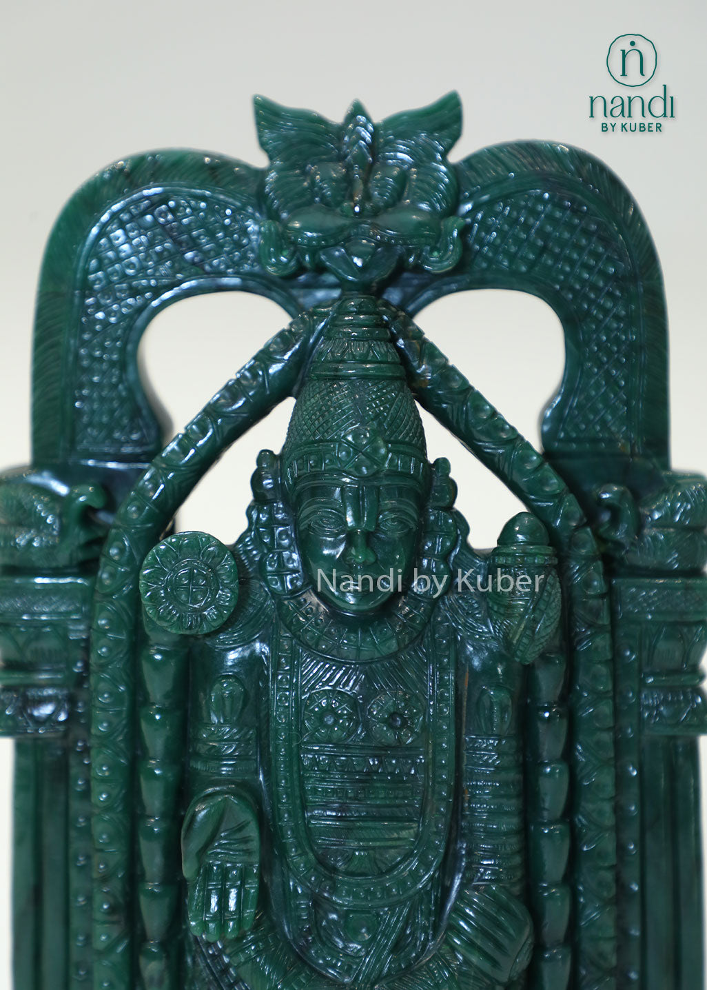 Green jade stone Balaji statue, natural gemstone Lord Venkateswara idol for home temple, Vastu décor, spiritual worship, prosperity, positive energy, office decoration, and auspicious gifting.