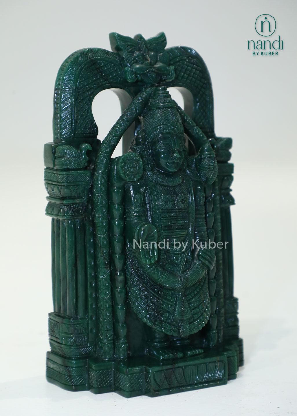 Green jade stone Balaji statue, natural gemstone Lord Venkateswara idol for home temple, Vastu décor, spiritual worship, prosperity, positive energy, office decoration, and auspicious gifting.