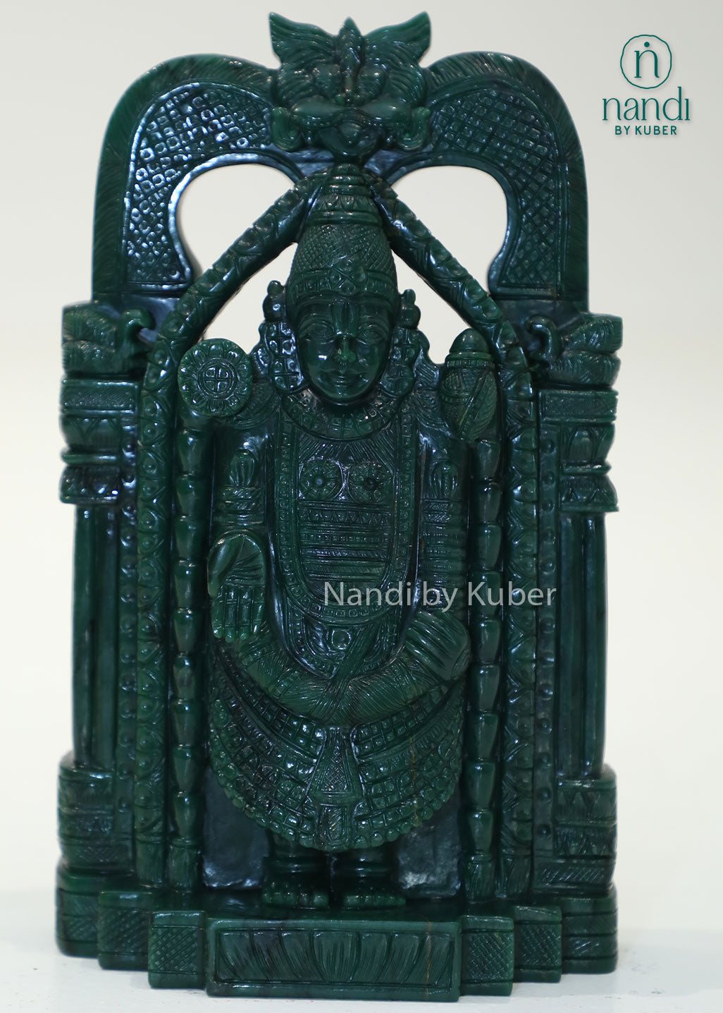Green jade stone Balaji statue, natural gemstone Lord Venkateswara idol for home temple, Vastu décor, spiritual worship, prosperity, positive energy, office decoration, and auspicious gifting.