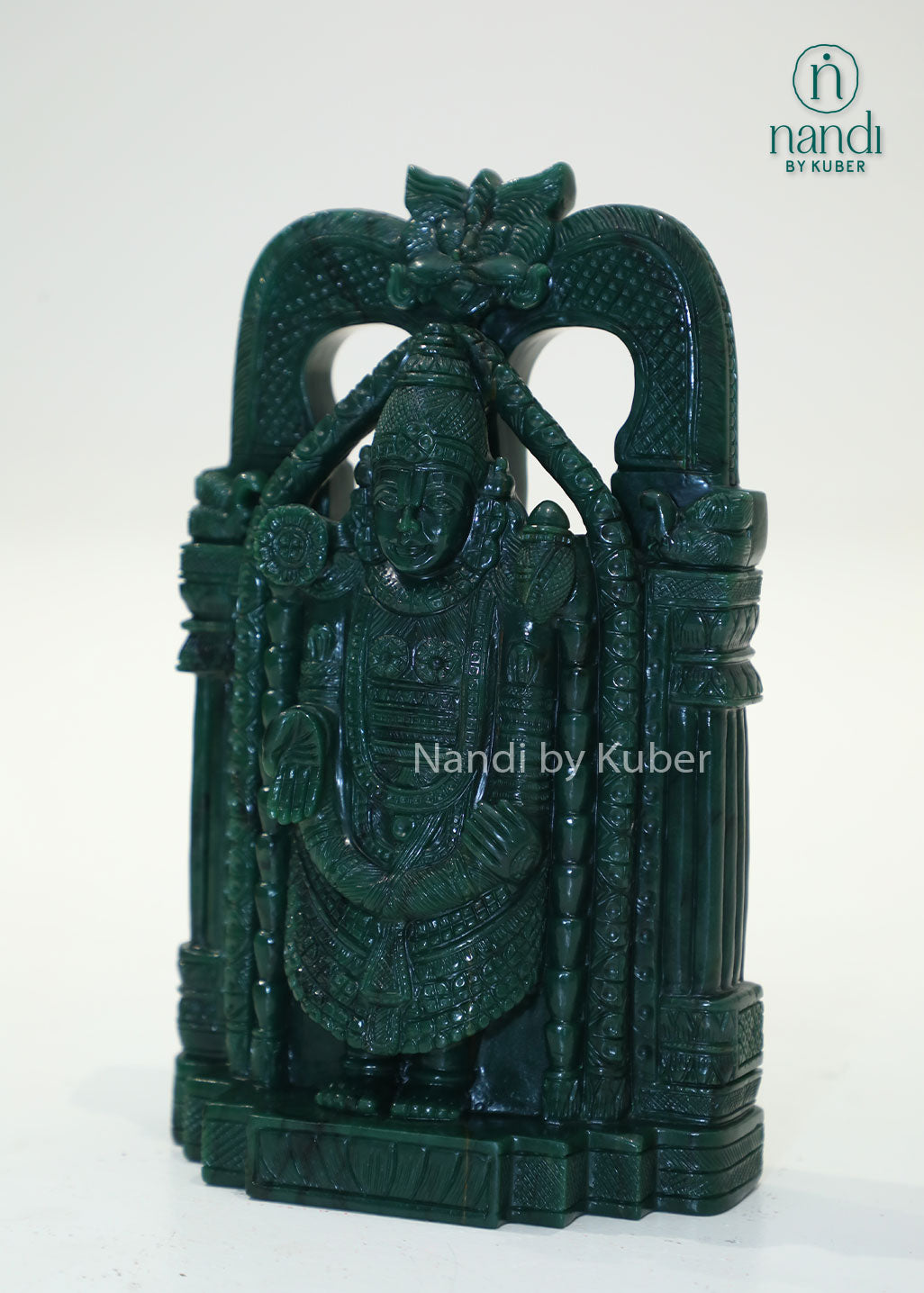 Green jade stone Balaji statue, natural gemstone Lord Venkateswara idol for home temple, Vastu décor, spiritual worship, prosperity, positive energy, office decoration, and auspicious gifting.