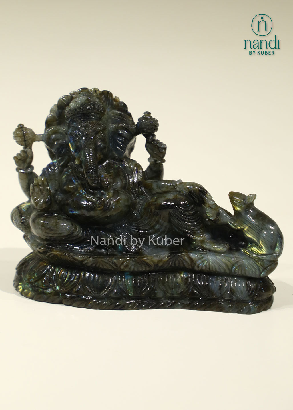 Natural Labradorite Ganesha idol for Vastu, prosperity, positive energy, spiritual healing, meditation, home temple décor, office desk decoration, gemstone Lord Ganesh statue, and auspicious gifting.