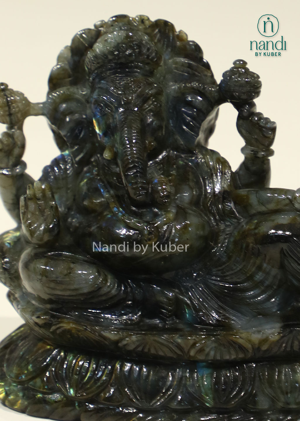 Natural Labradorite Ganesha idol for Vastu, prosperity, positive energy, spiritual healing, meditation, home temple décor, office desk decoration, gemstone Lord Ganesh statue, and auspicious gifting.