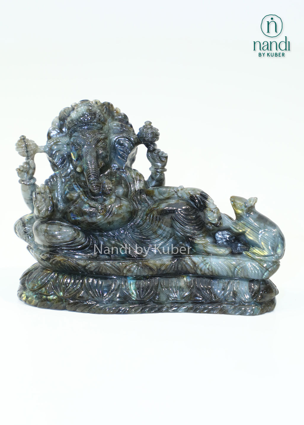 Natural Labradorite Ganesha idol for Vastu, prosperity, positive energy, spiritual healing, meditation, home temple décor, office desk decoration, gemstone Lord Ganesh statue, and auspicious gifting.