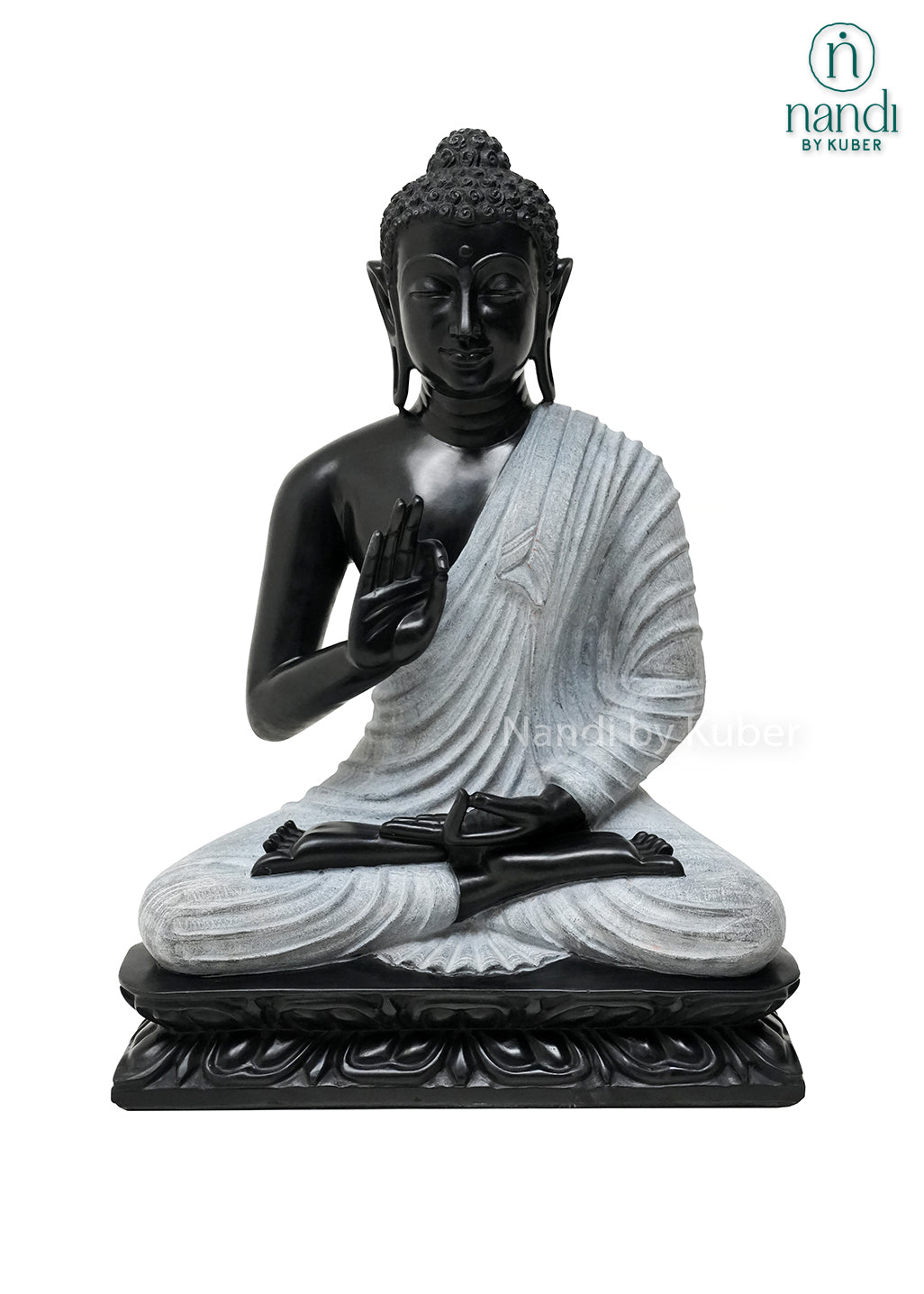 Handcrafted black and white Buddha meditation statue with lotus base, spiritual marble-look sculpture for home décor, meditation spaces, living rooms, and gifting.