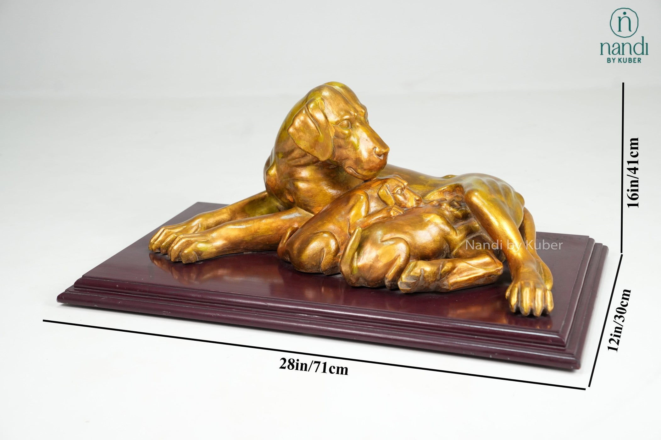 Marble dog and puppy sculpture on wooden display base
