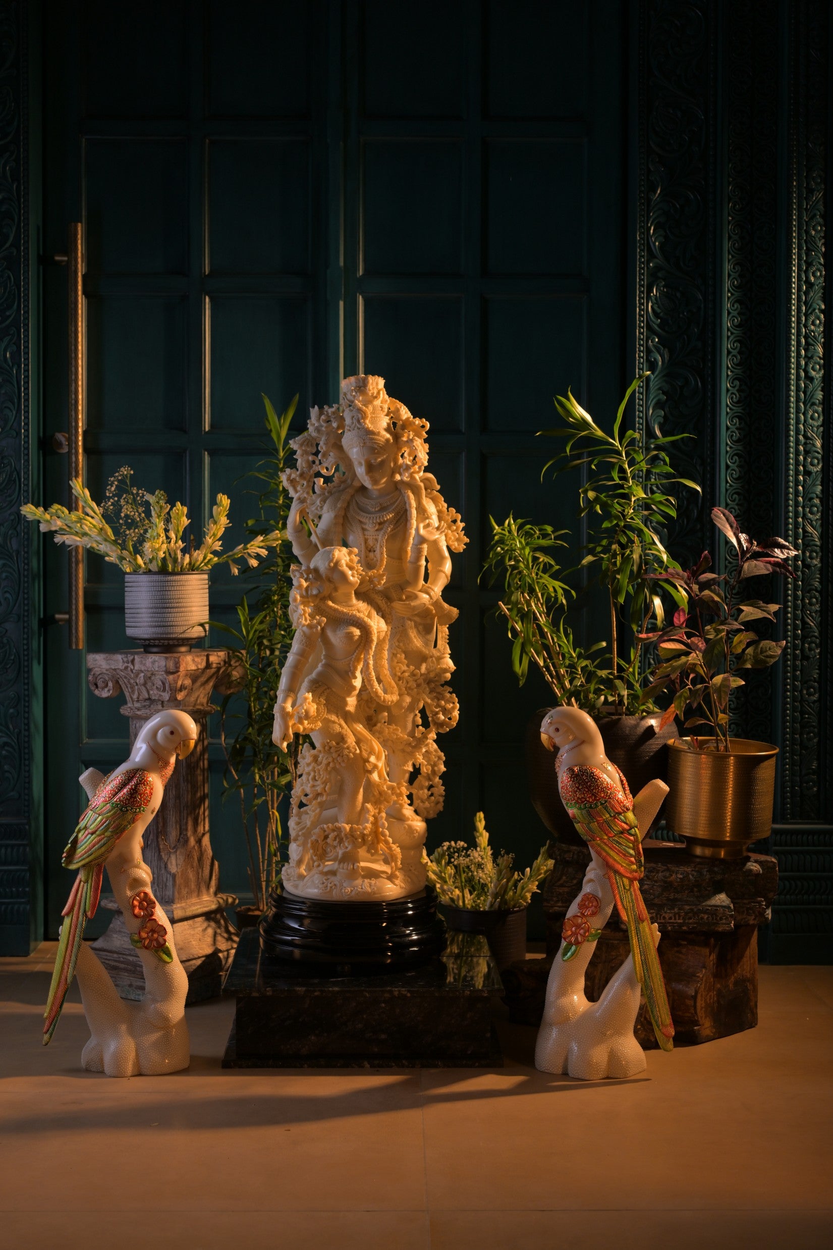 Elegant Radha Krishna sculpture with decorative base, symbolizing divine love, harmony, and devotion while enhancing any sacred or decorative space.