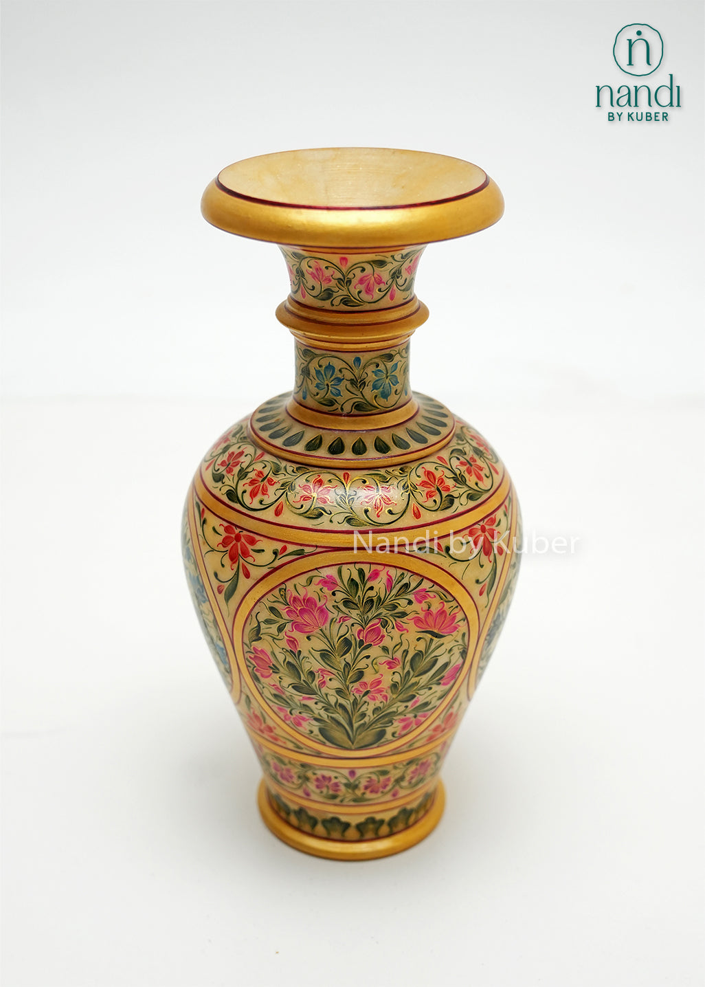 Decorative hand-painted marble flower vase adorned with detailed floral artwork and gold accents, showcasing traditional craftsmanship for luxury home décor, tabletop styling, and elegant interior spaces.