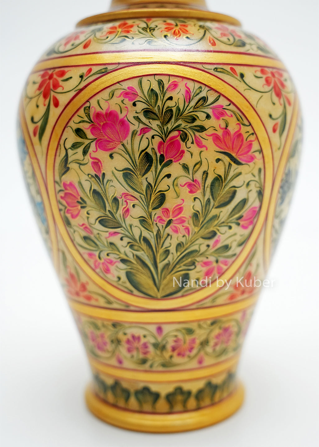 Decorative hand-painted marble flower vase adorned with detailed floral artwork and gold accents, showcasing traditional craftsmanship for luxury home décor, tabletop styling, and elegant interior spaces.