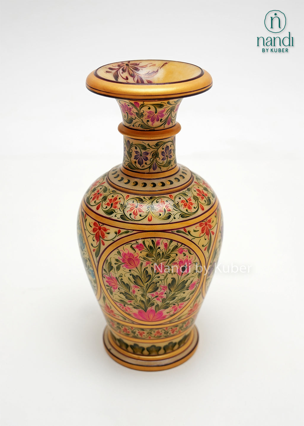 Decorative hand-painted marble flower vase adorned with detailed floral artwork and gold accents, showcasing traditional craftsmanship for luxury home décor, tabletop styling, and elegant interior spaces.