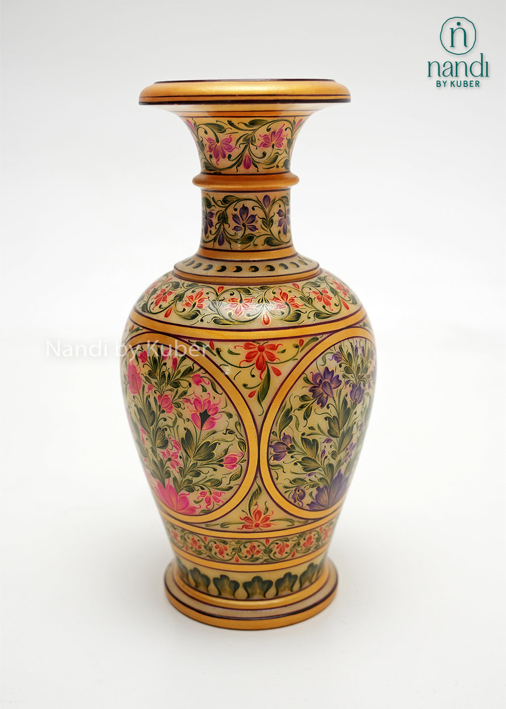 Decorative hand-painted marble flower vase adorned with detailed floral artwork and gold accents, showcasing traditional craftsmanship for luxury home décor, tabletop styling, and elegant interior spaces.