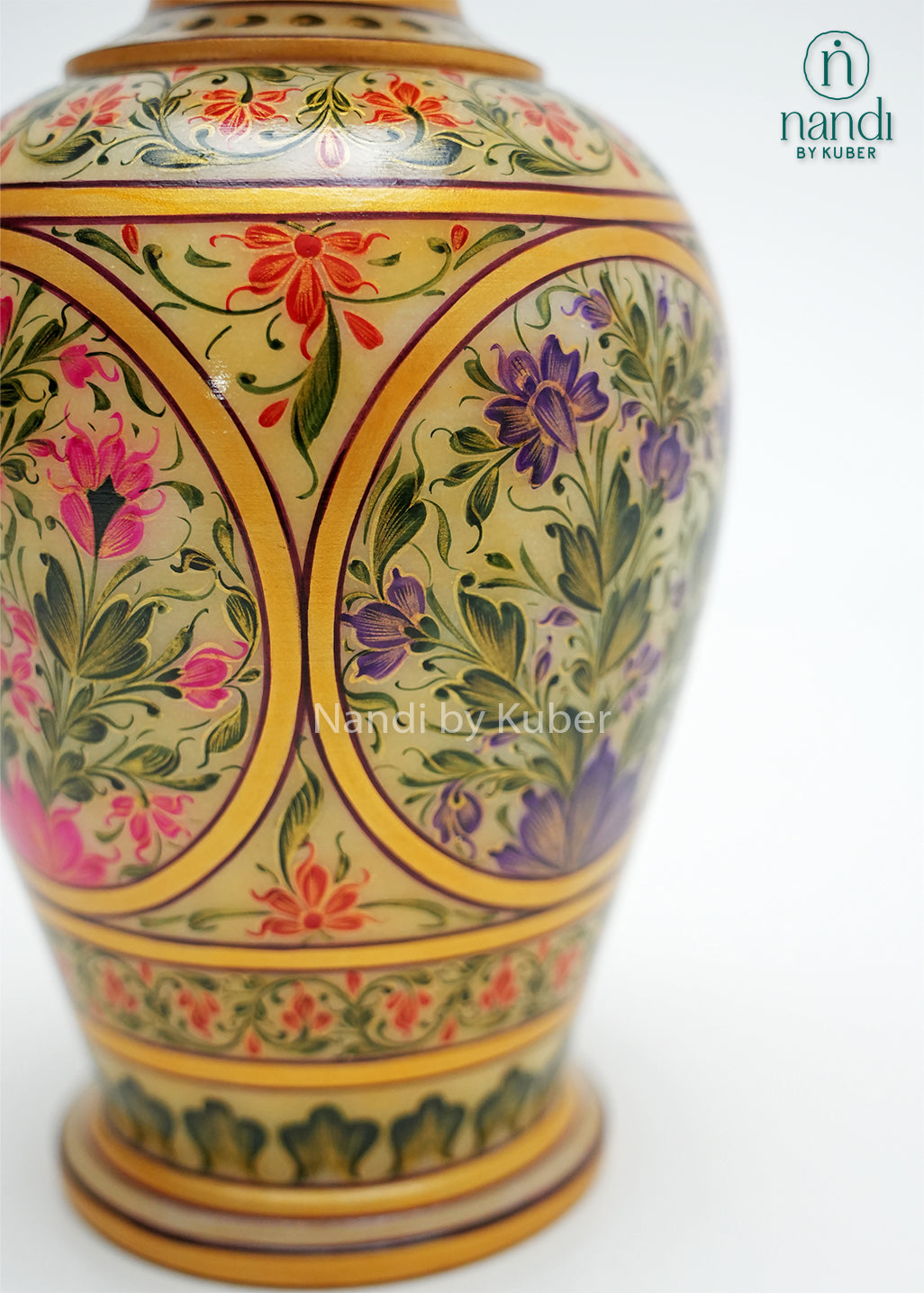 Decorative hand-painted marble flower vase adorned with detailed floral artwork and gold accents, showcasing traditional craftsmanship for luxury home décor, tabletop styling, and elegant interior spaces.