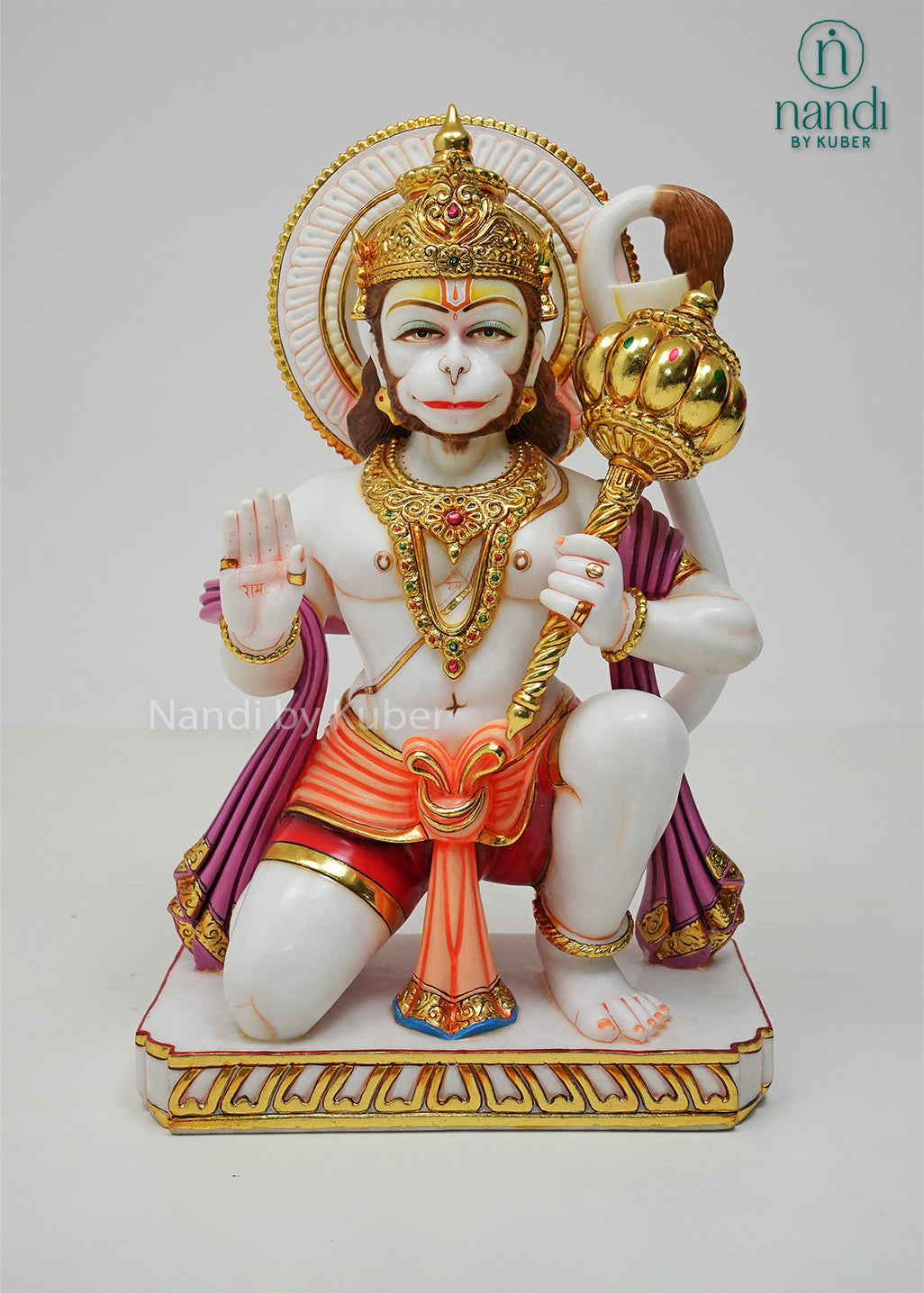 Marble Hanuman idol with gold detailing and blessing gesture, decorative Hindu deity statue with gada for home temple, pooja room décor, spiritual gifting, and religious display.