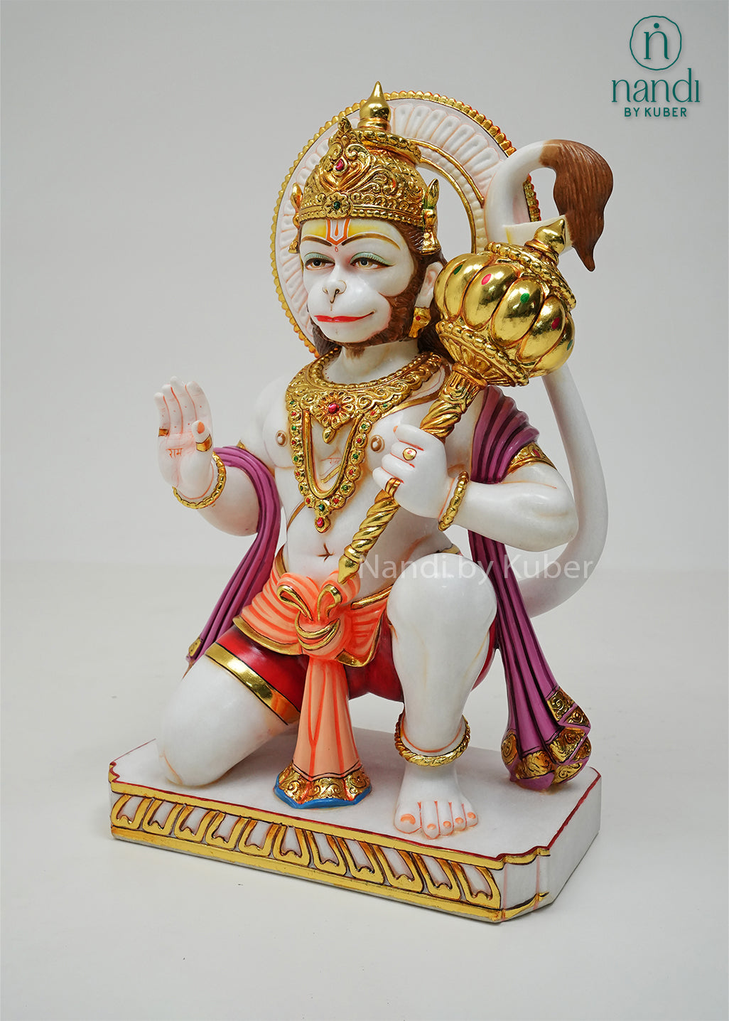 Marble Hanuman idol with gold detailing and blessing gesture, decorative Hindu deity statue with gada for home temple, pooja room décor, spiritual gifting, and religious display.