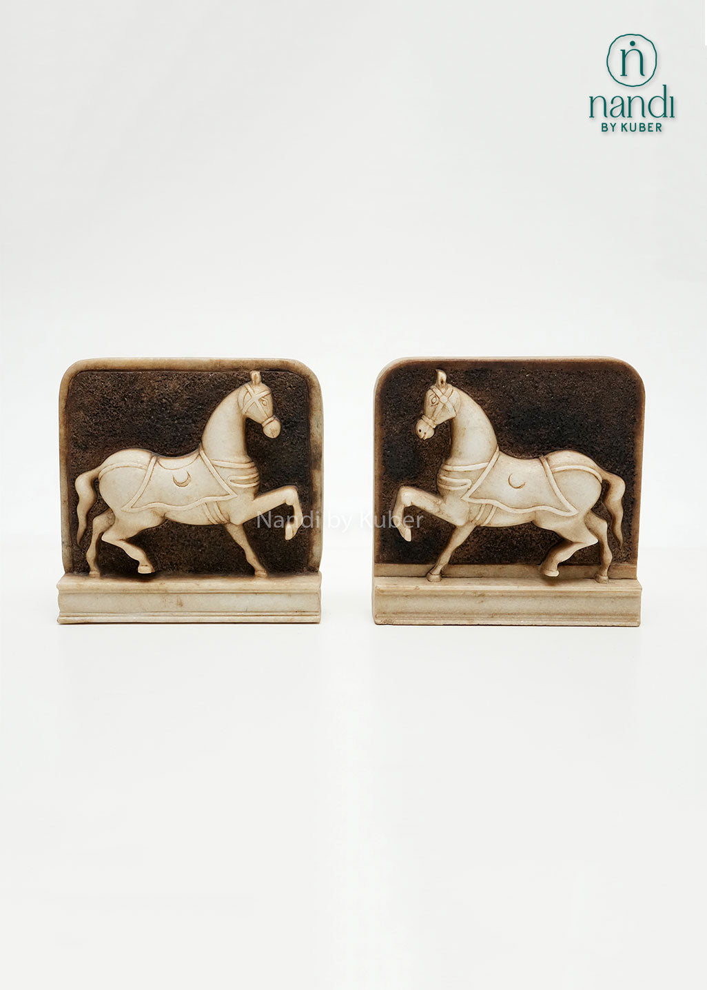 Set of decorative marble horse panel bookends with detailed horse carvings and antique-style finish, ideal for bookshelf décor, office styling, and traditional home interiors.