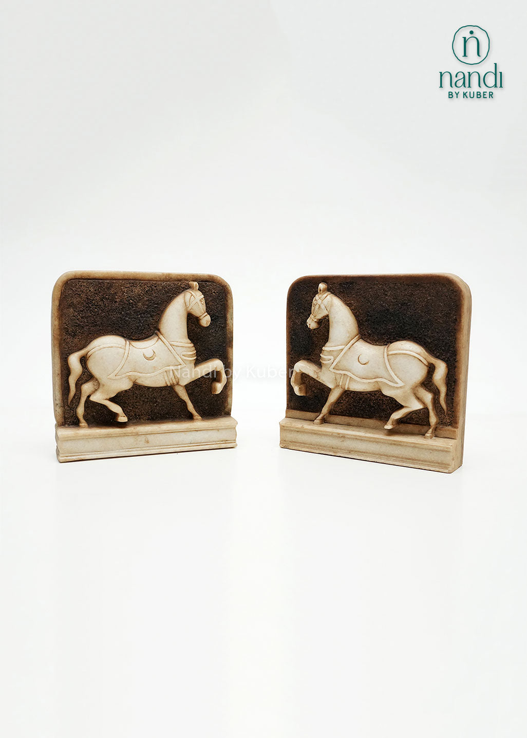 Set of decorative marble horse panel bookends with detailed horse carvings and antique-style finish, ideal for bookshelf décor, office styling, and traditional home interiors.